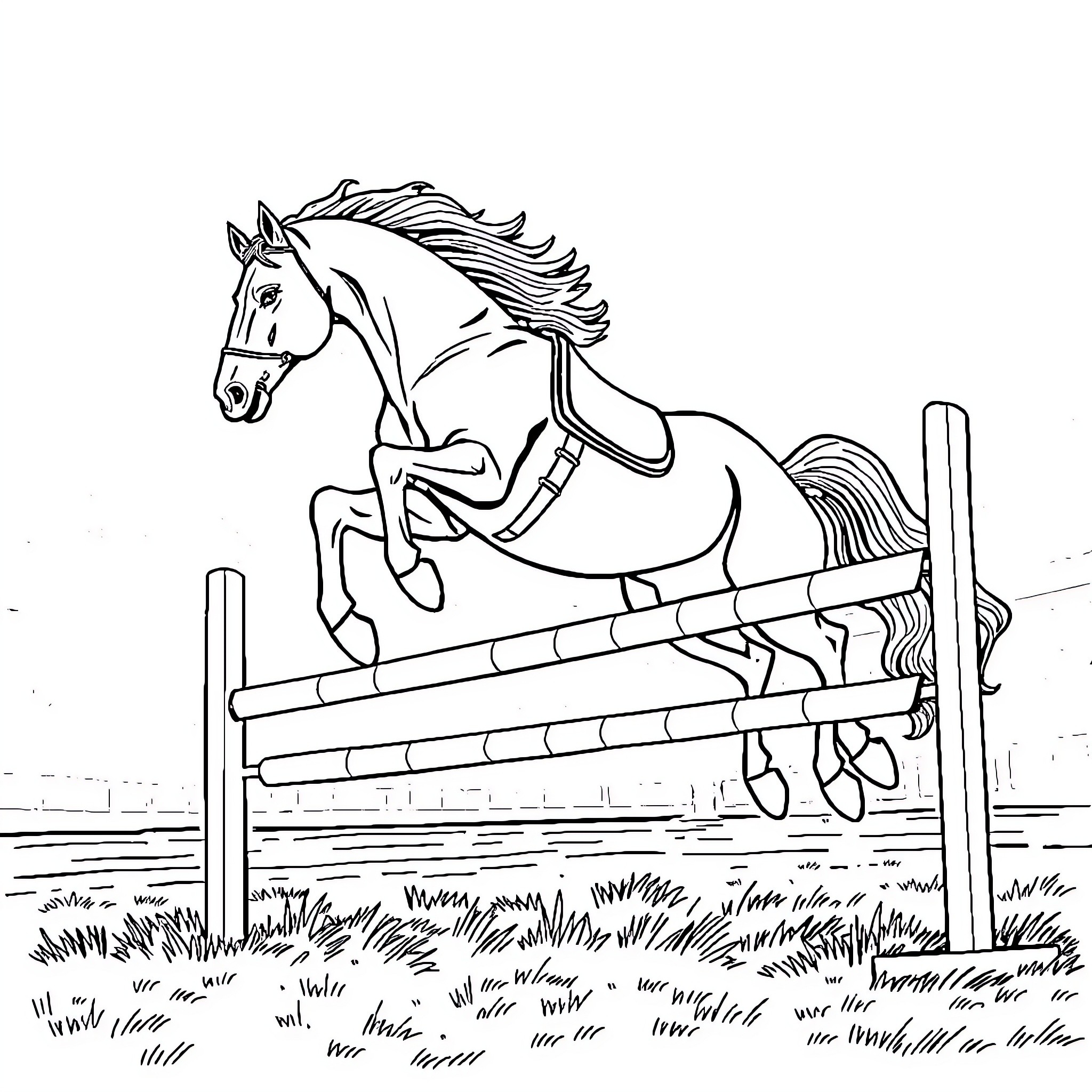 Horse jumping over obstacle on grassy field Coloring Page (free black-and-white line drawing printable PDF for all, from beginners to advanced learners, including children, teens, adults, and seniors)