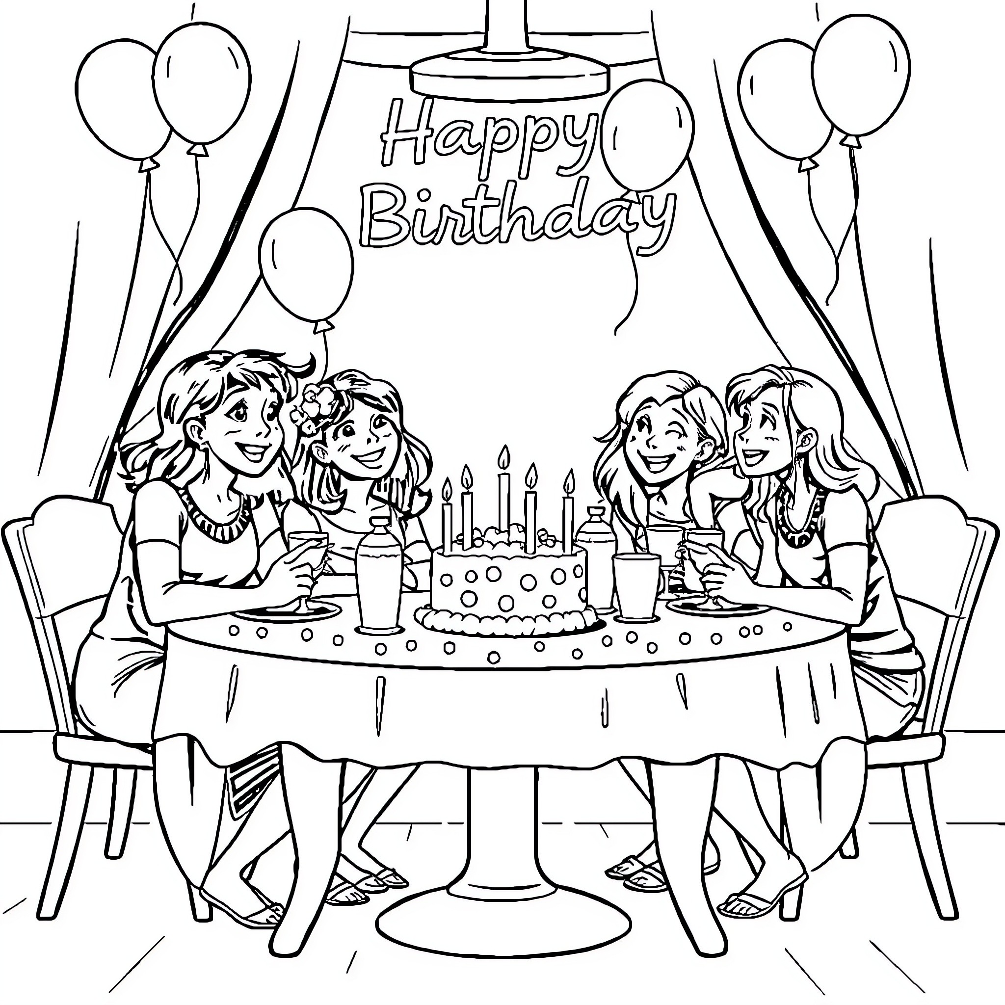 Birthday Table with Friends Celebrating Coloring Page (free black-and-white line drawing printable PDF for all, from beginners to advanced learners, including children, teens, adults, and seniors)
