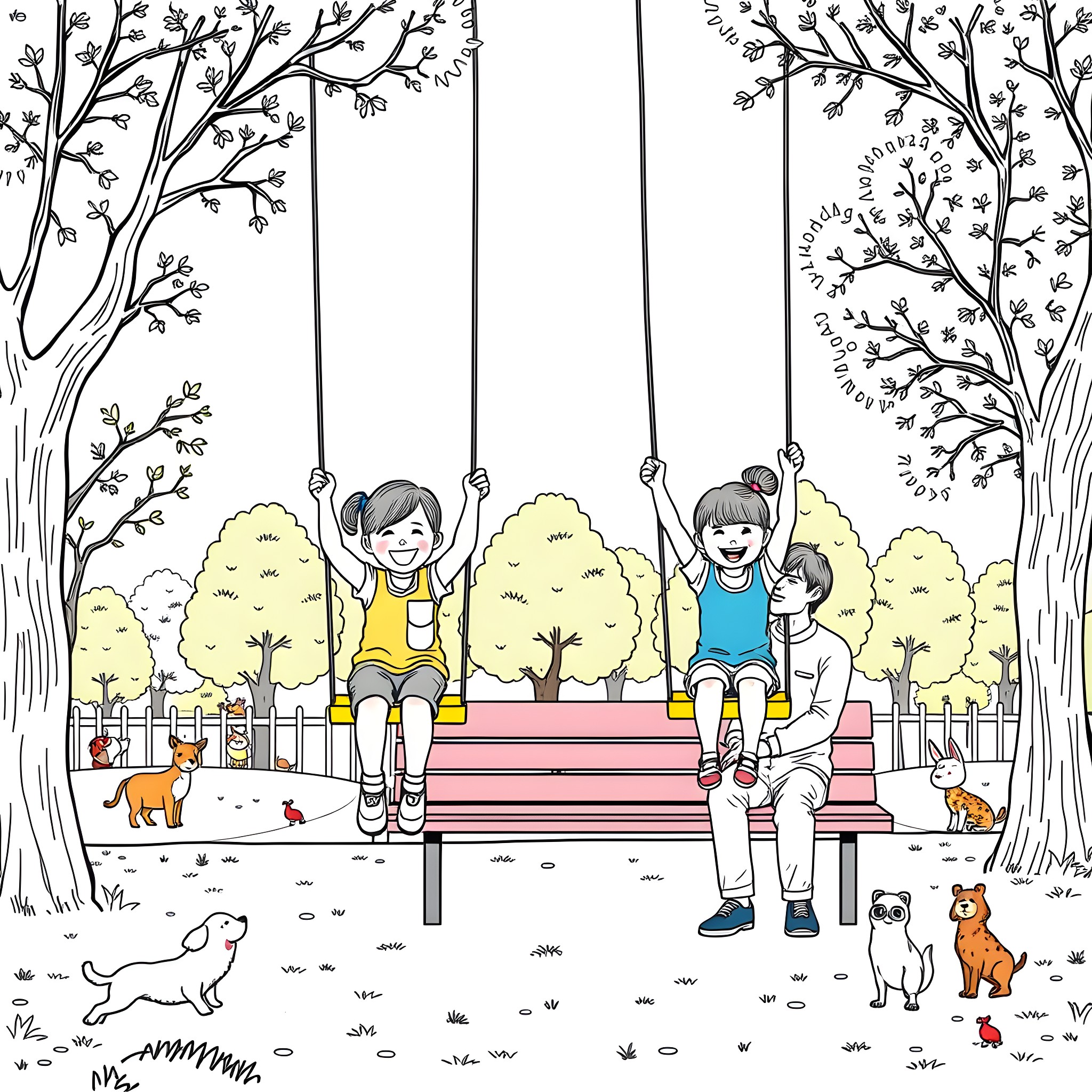 Children playing happily on swings in nature Coloring Page (free black-and-white line drawing printable PDF for all, from beginners to advanced learners, including children, teens, adults, and seniors)