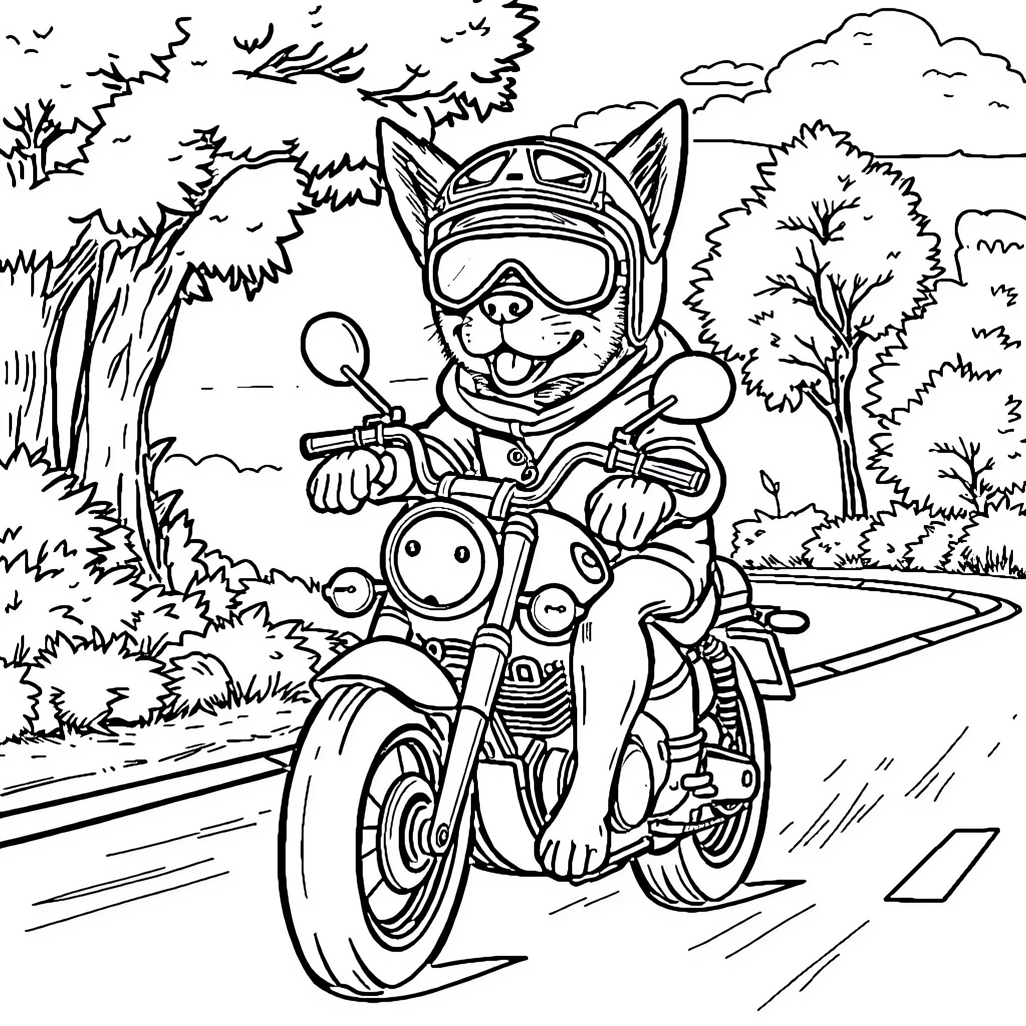 Dog riding motorcycle through forest Coloring Page (free black-and-white line drawing printable PDF for all, from beginners to advanced learners, including children, teens, adults, and seniors)