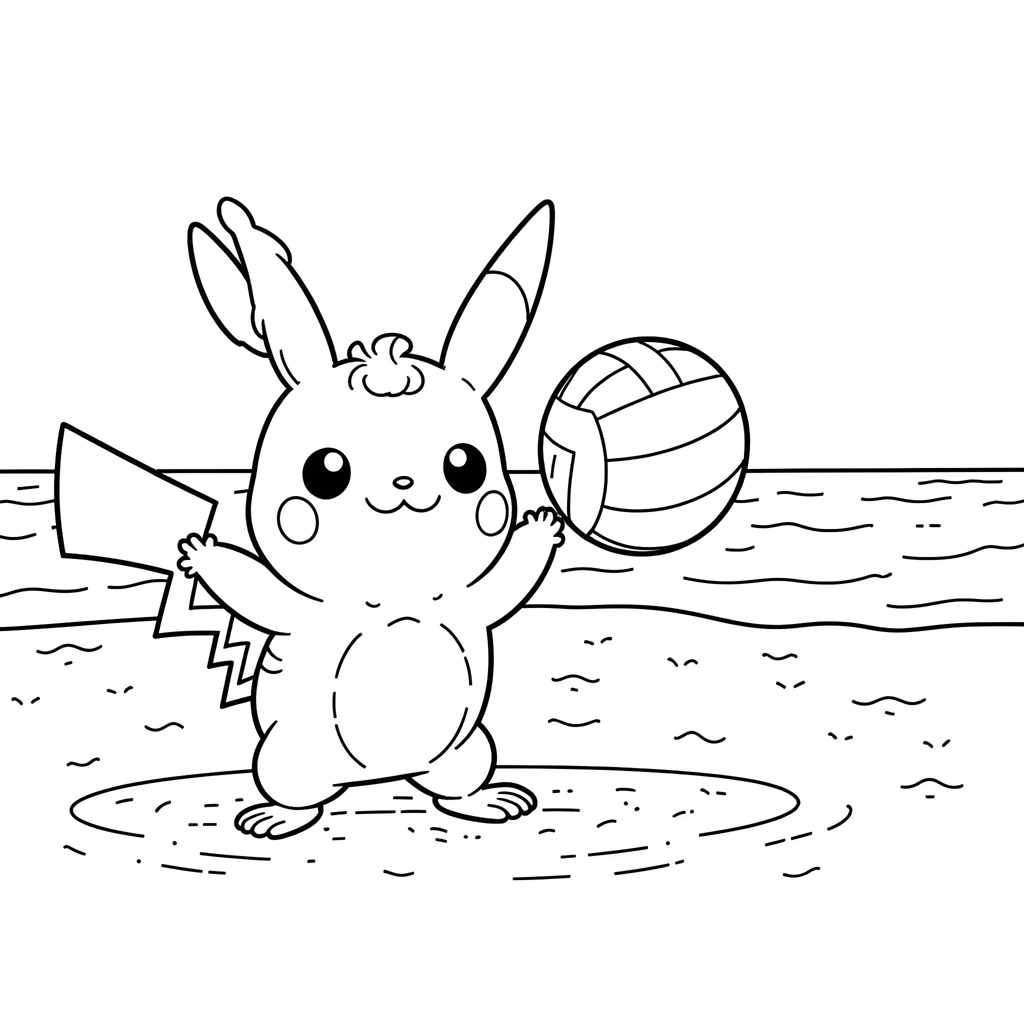 Pikachu playing with a volleyball on the beach Coloring Page (free black-and-white line drawing printable PDF for all, from beginners to advanced learners, including children, teens, adults, and seniors)