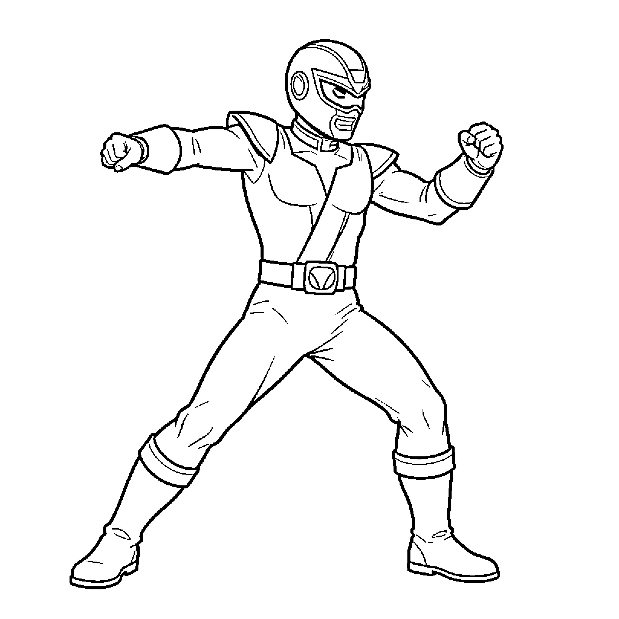 Power Ranger striking a heroic combat pose Coloring Page (free black-and-white line drawing printable PDF for all, from beginners to advanced learners, including children, teens, adults, and seniors)