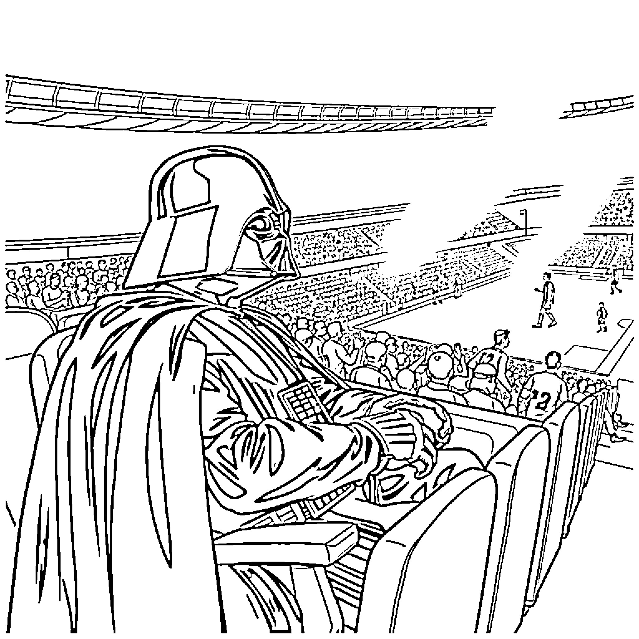 Darth Vader commands the Imperial March at the stadium Coloring Page (free black-and-white line drawing printable PDF for all, from beginners to advanced learners, including children, teens, adults, and seniors)