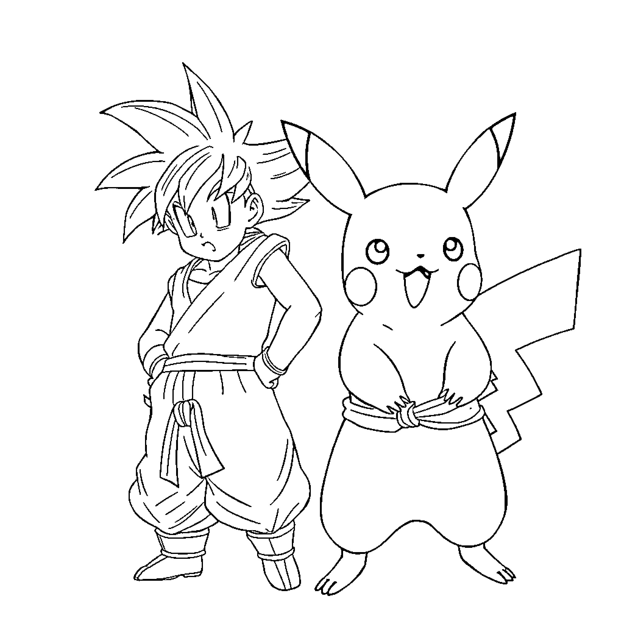 Pikachu and anime character in action poses Coloring Page (free black-and-white line drawing printable PDF for all, from beginners to advanced learners, including children, teens, adults, and seniors)