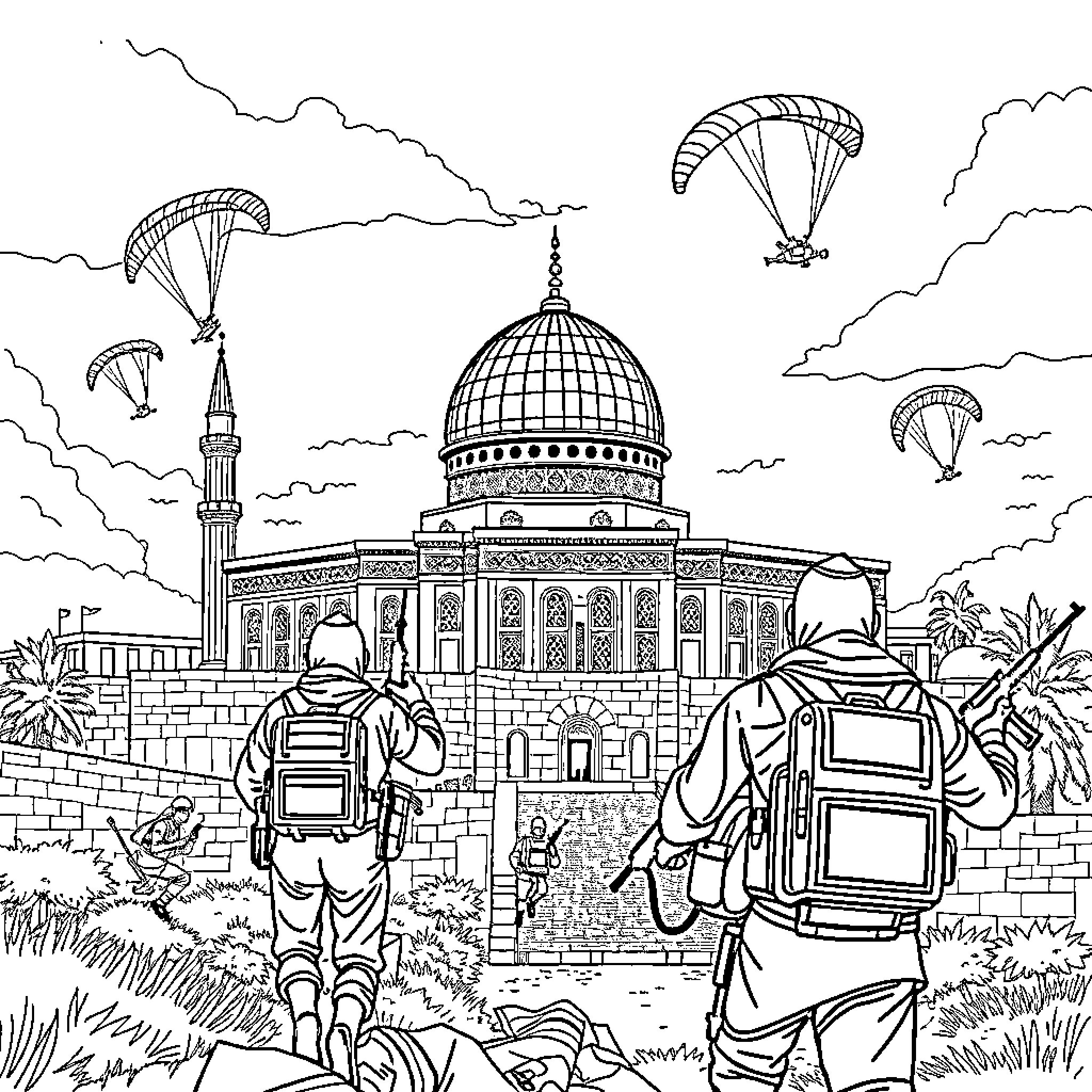 Masjid al Aqsa: Hikers explore the iconic structure Coloring Page (free black-and-white line drawing printable PDF for all, from beginners to advanced learners, including children, teens, adults, and seniors)