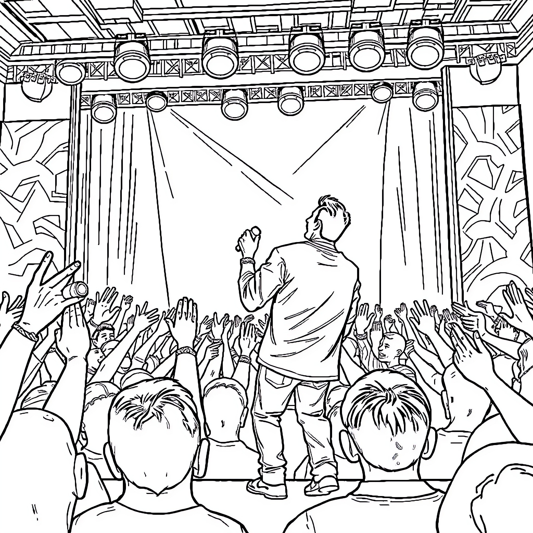 G-Eazy Captivates Energetic Crowd on Stage Coloring Page (free black-and-white line drawing printable PDF for all, from beginners to advanced learners, including children, teens, adults, and seniors)