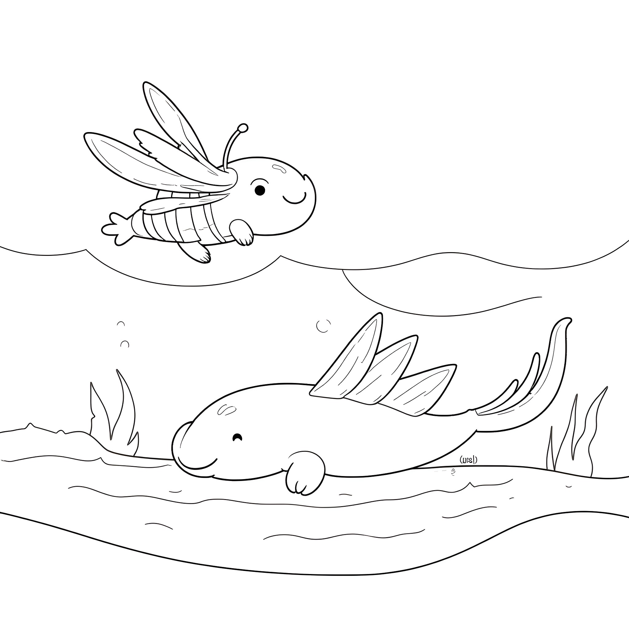 Bee-Utiful Aquatic Adventures Coloring Page (free black-and-white line drawing printable PDF for all, from beginners to advanced learners, including children, teens, adults, and seniors)