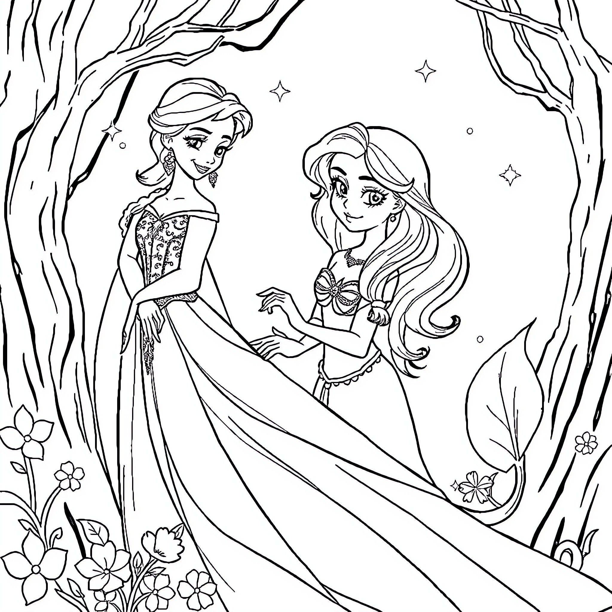 Queen and Mermaid in a Magical Forest Scene Coloring Page (free black-and-white line drawing printable PDF for all, from beginners to advanced learners, including children, teens, adults, and seniors)