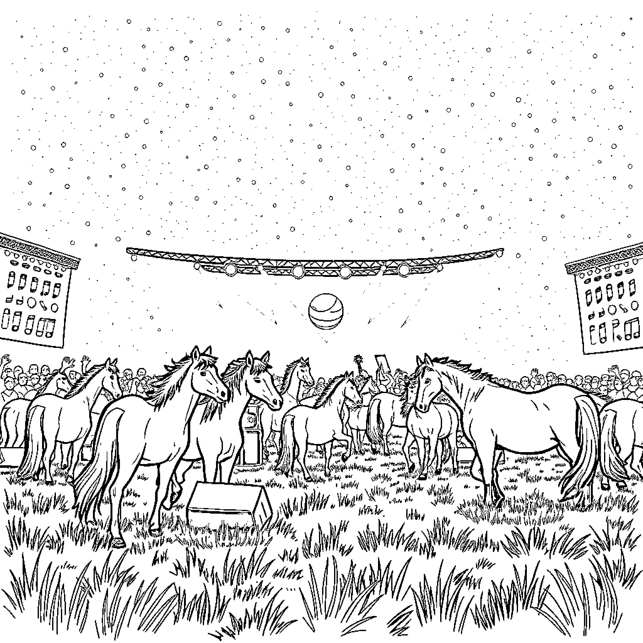 Horse herd roaming in winter landscape Coloring Page (free black-and-white line drawing printable PDF for all, from beginners to advanced learners, including children, teens, adults, and seniors)