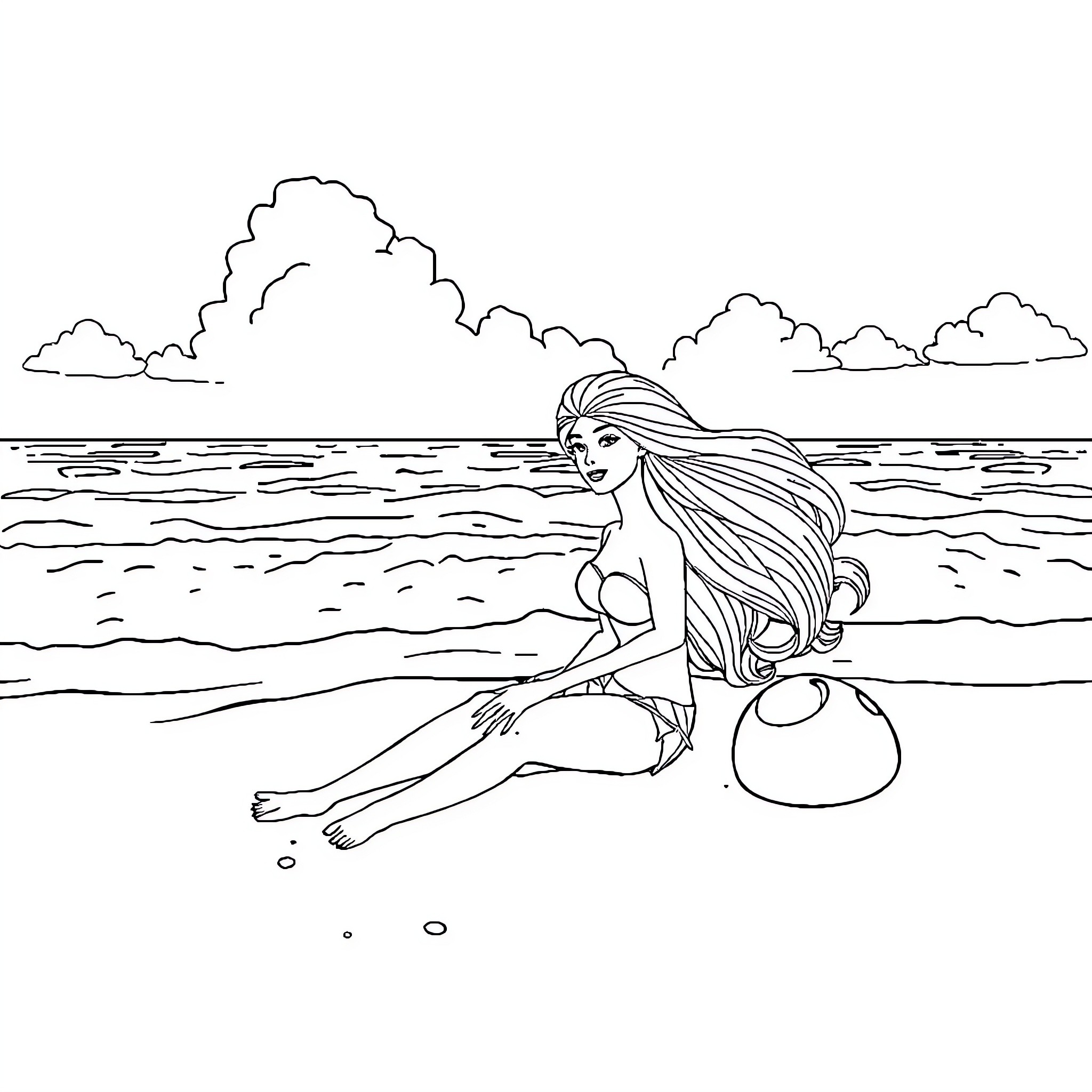 Barbie relaxing on the beach Coloring Page (free black-and-white line drawing printable PDF for all, from beginners to advanced learners, including children, teens, adults, and seniors)