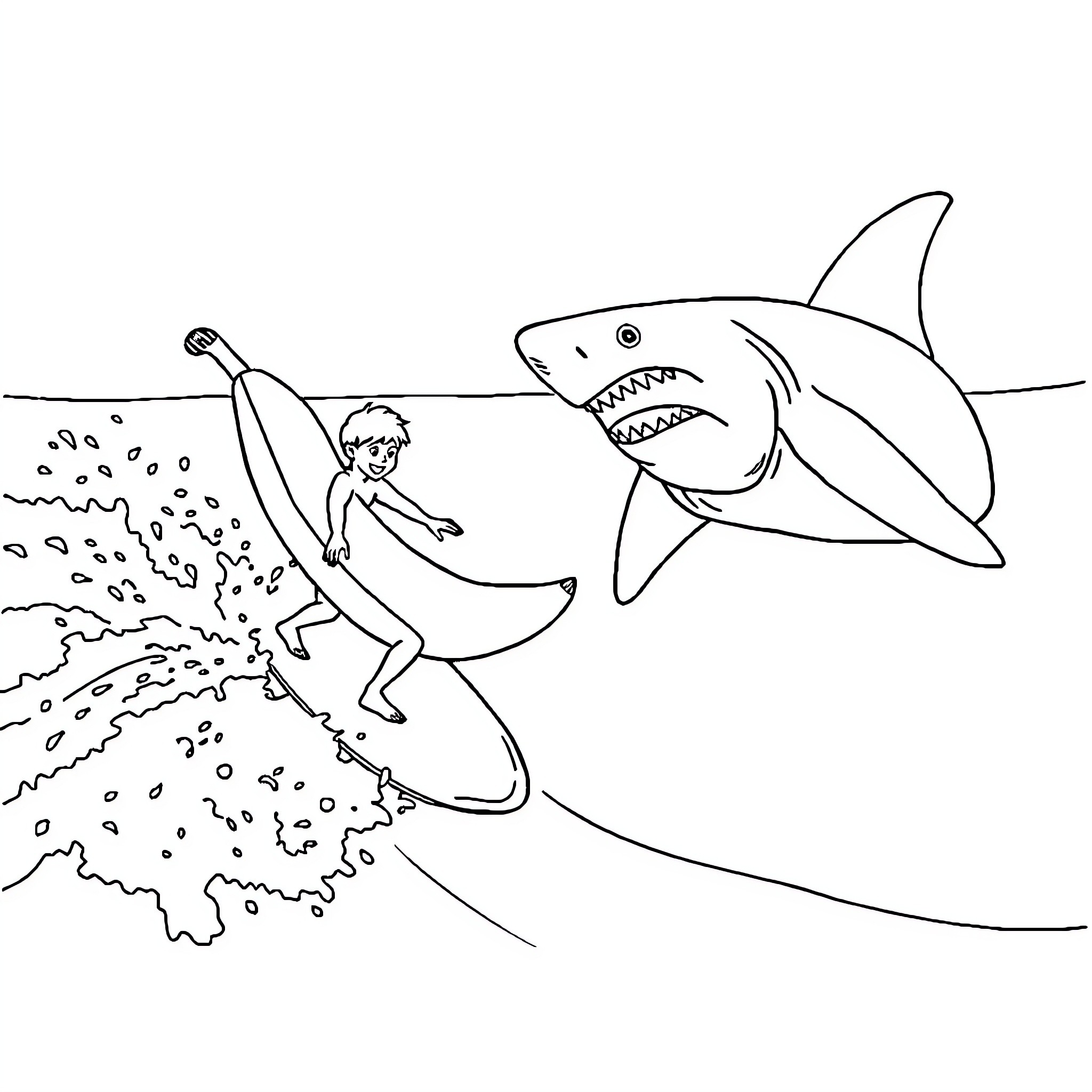 Banana surfing away from a hungry shark Coloring Page (free black-and-white line drawing printable PDF for all, from beginners to advanced learners, including children, teens, adults, and seniors)