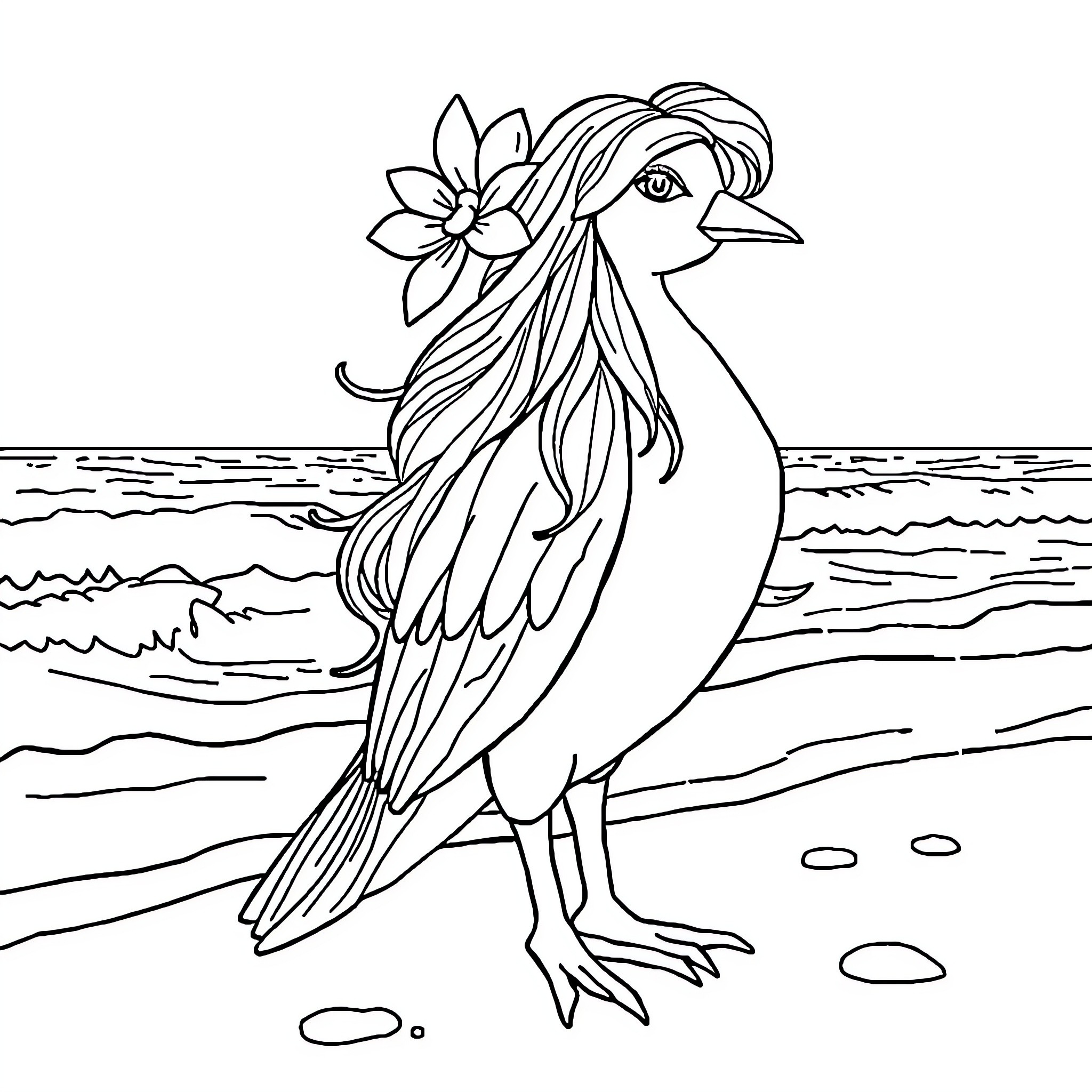 Femme serene bird standing on shore Coloring Page (free black-and-white line drawing printable PDF for all, from beginners to advanced learners, including children, teens, adults, and seniors)