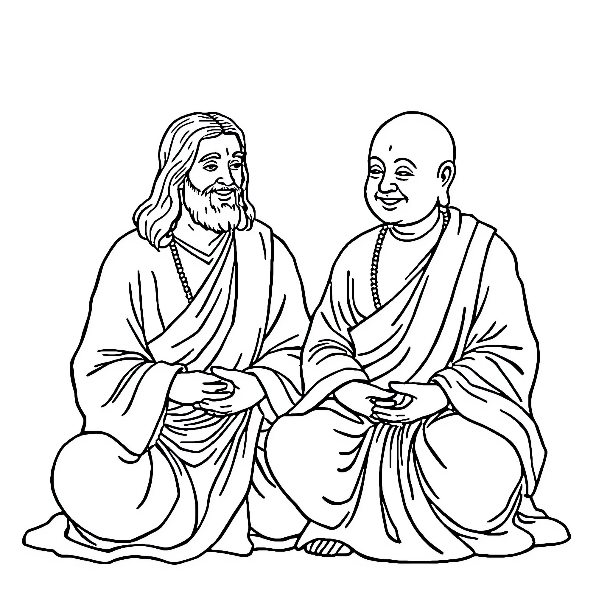 Jesus and Buddha in thoughtful conversation Coloring Page (free black-and-white line drawing printable PDF for all, from beginners to advanced learners, including children, teens, adults, and seniors)