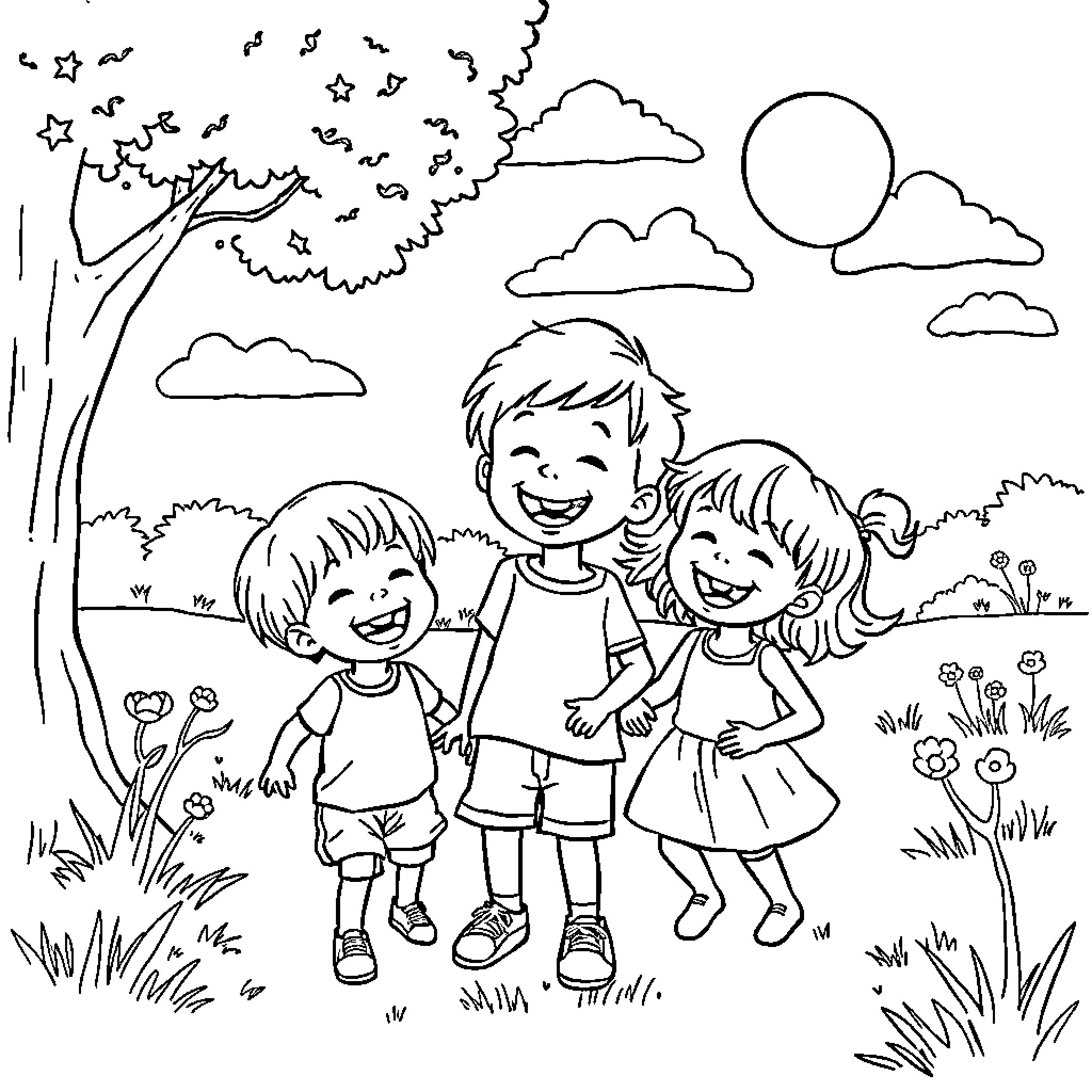 Kid enjoying outdoors with friends Coloring Page (free black-and-white line drawing printable PDF for all, from beginners to advanced learners, including children, teens, adults, and seniors)