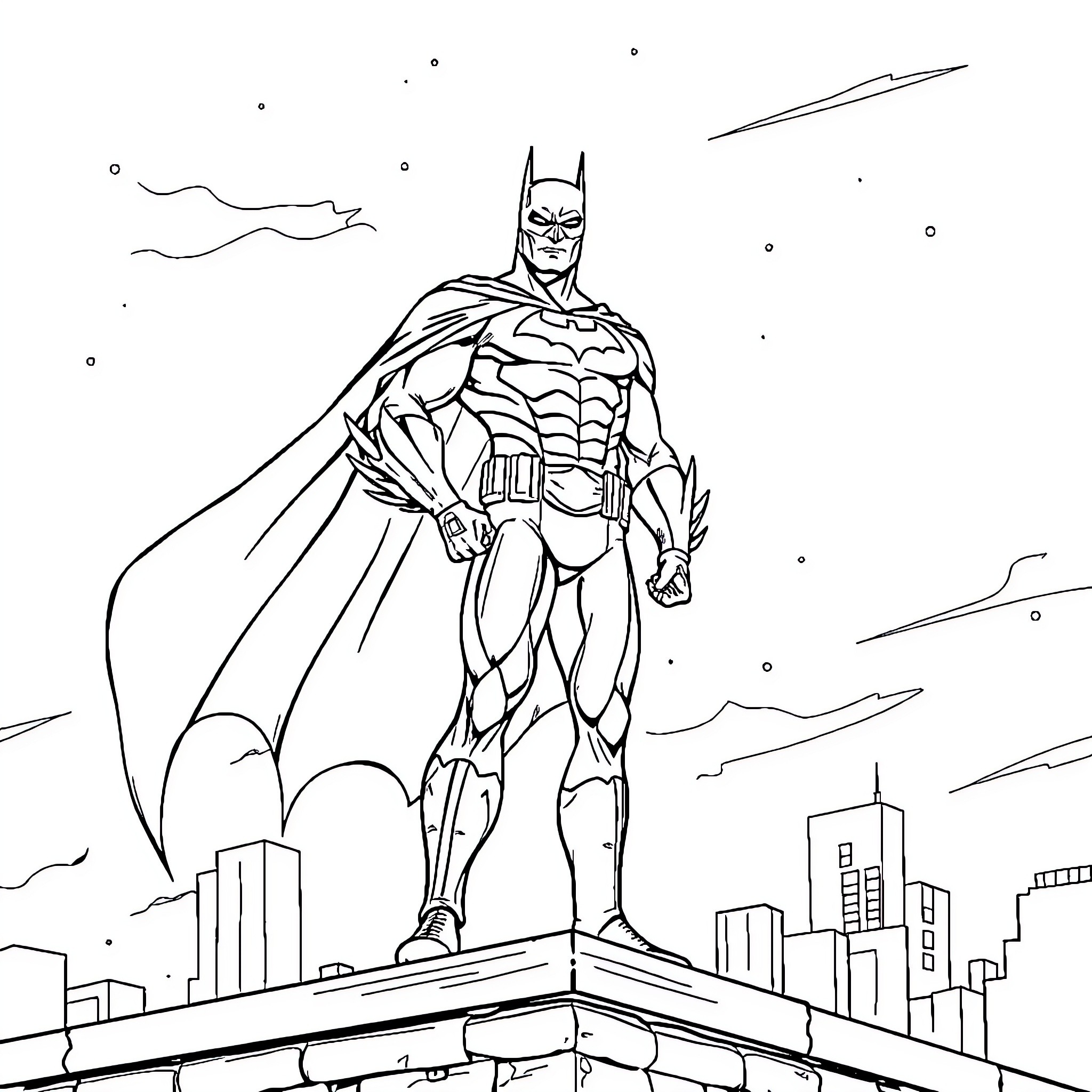 Batman standing tall on city rooftops Coloring Page (free black-and-white line drawing printable PDF for all, from beginners to advanced learners, including children, teens, adults, and seniors)
