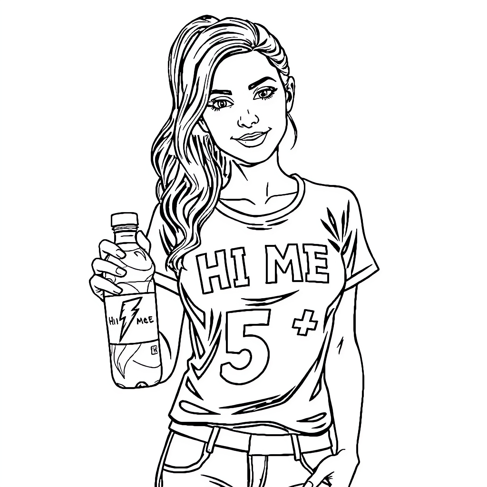 Lady with friendly expression holding water bottle Coloring Page (free black-and-white line drawing printable PDF for all, from beginners to advanced learners, including children, teens, adults, and seniors)