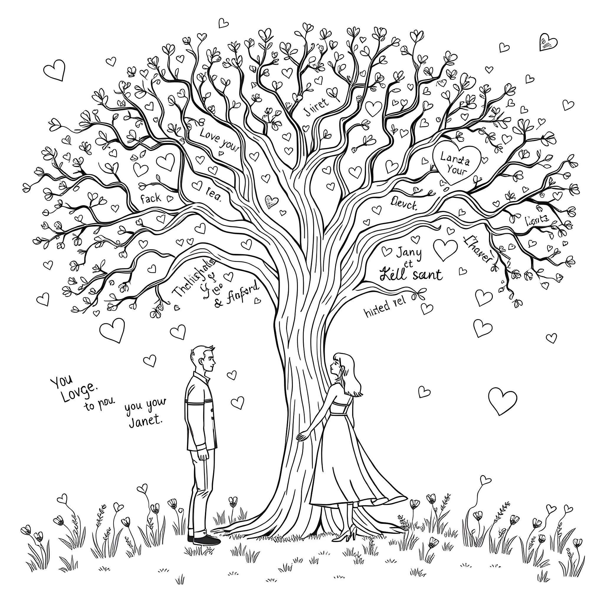 Nicholas and his love confess their feelings beneath the heart-filled tree Coloring Page (free black-and-white line drawing printable PDF for all, from beginners to advanced learners, including children, teens, adults, and seniors)