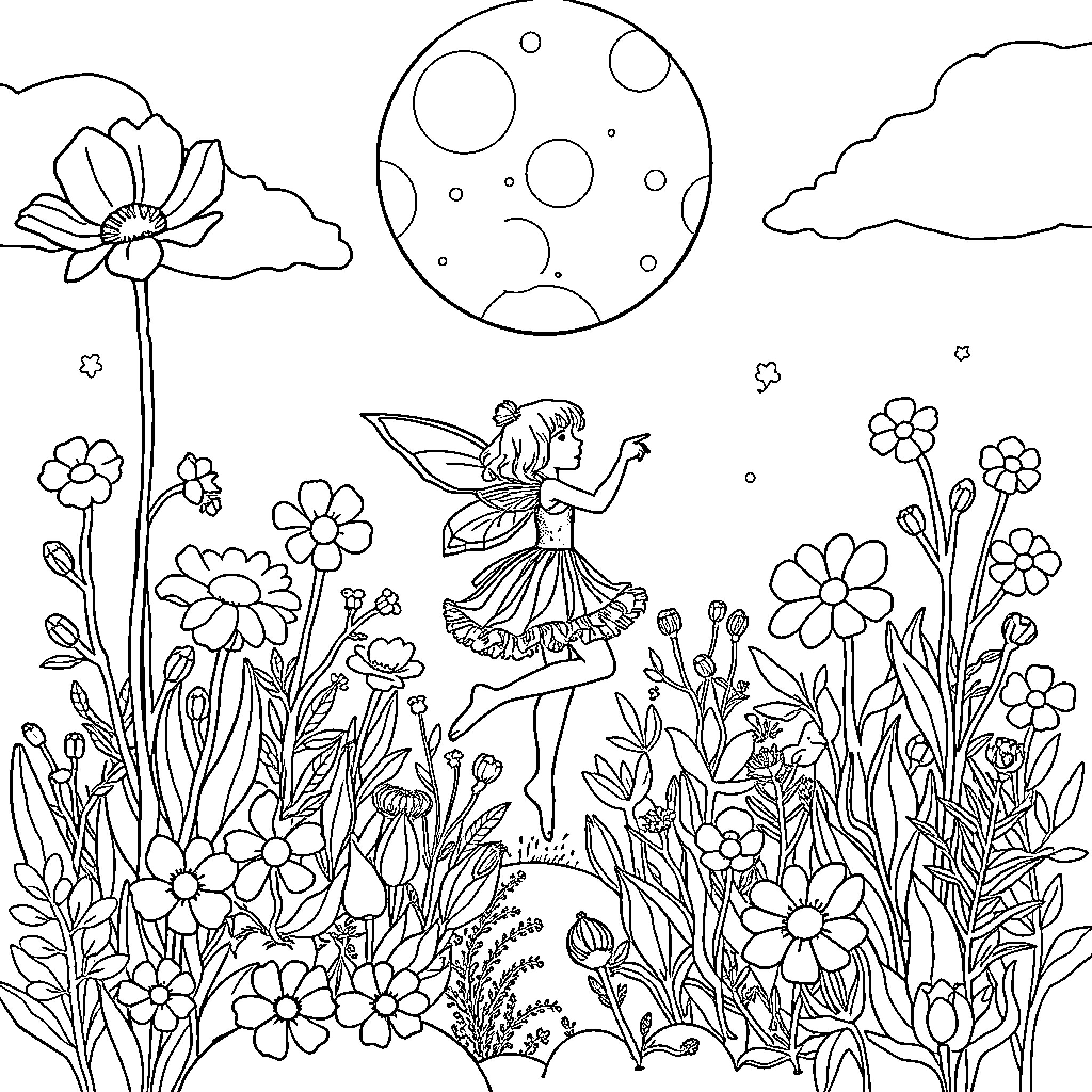 Fairy dancing joyfully among enchanting flowers Coloring Page (free black-and-white line drawing printable PDF for all, from beginners to advanced learners, including children, teens, adults, and seniors)