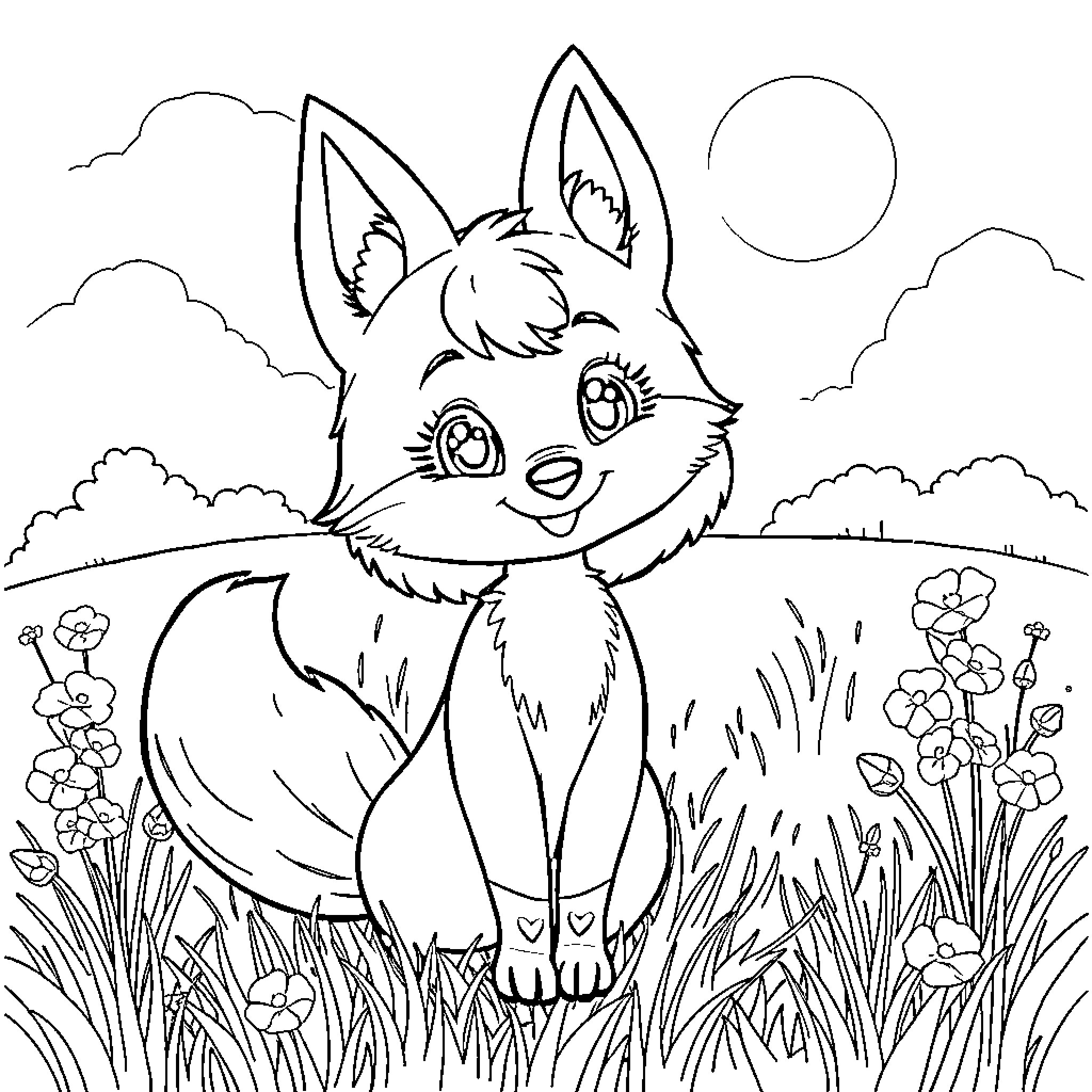 Fox happily frolicking in a flower-filled field Coloring Page (free black-and-white line drawing printable PDF for all, from beginners to advanced learners, including children, teens, adults, and seniors)