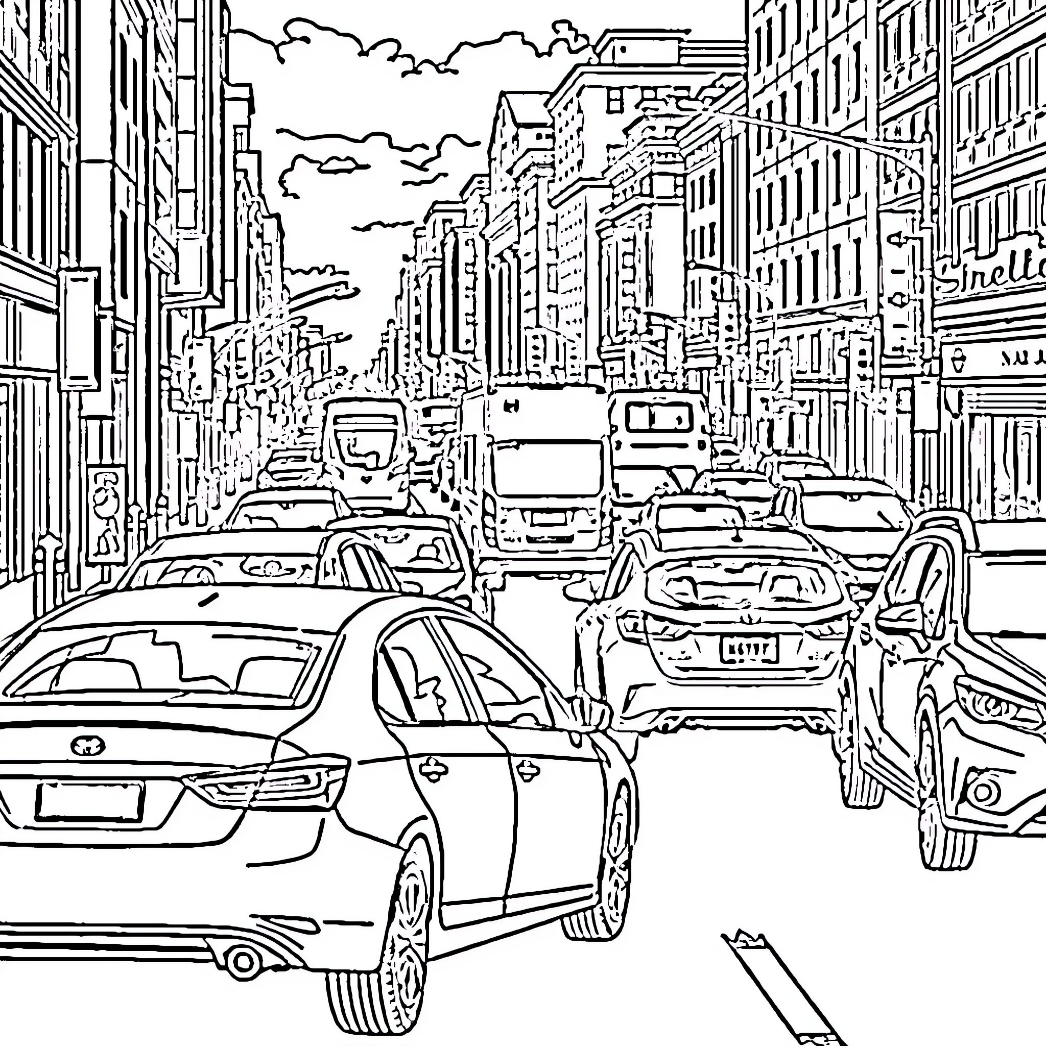 Vehicle traffic on a crowded city street Coloring Page (free black-and-white line drawing printable PDF for all, from beginners to advanced learners, including children, teens, adults, and seniors)