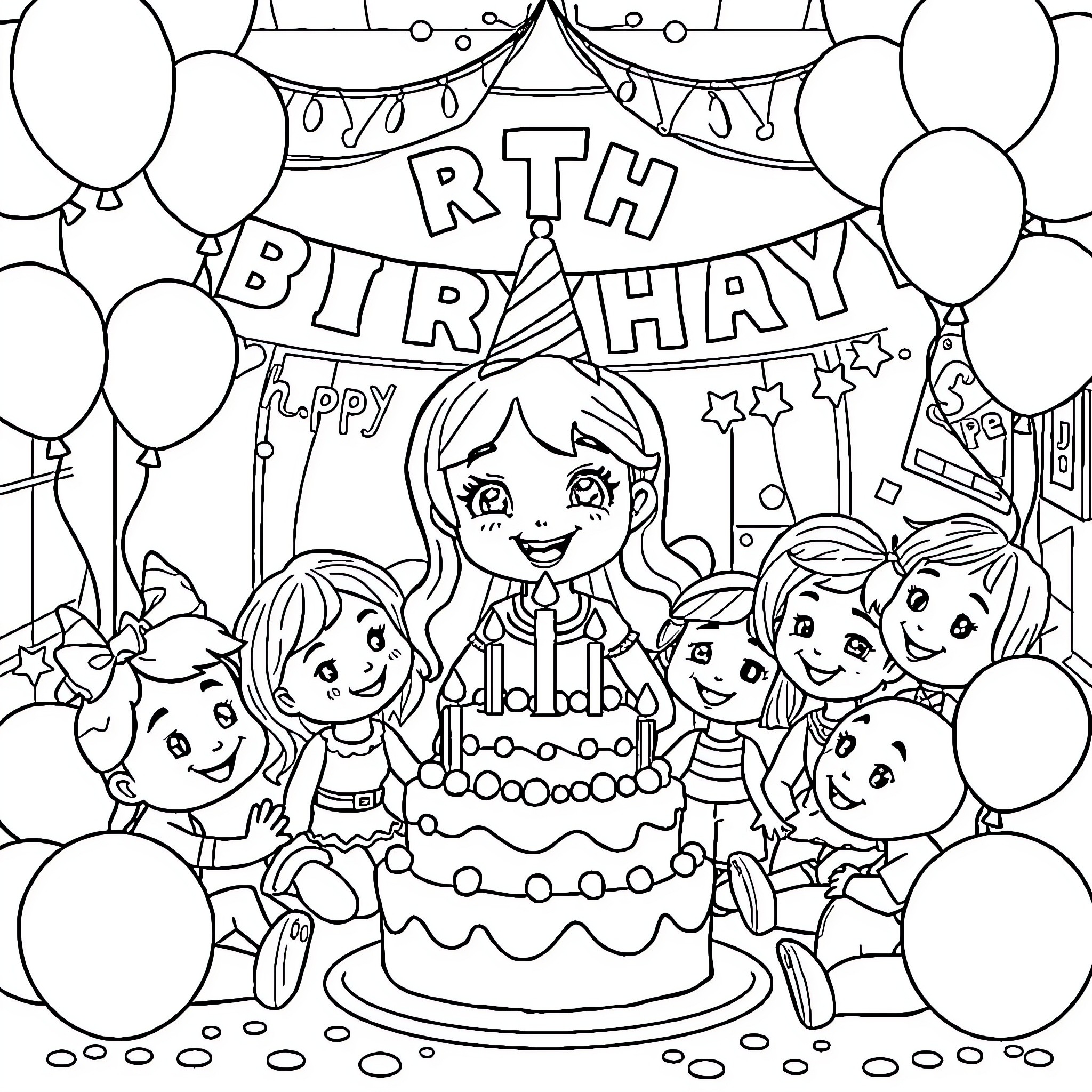 Gabby's Happy Birthday Celebration with Friends Coloring Page (free black-and-white line drawing printable PDF for all, from beginners to advanced learners, including children, teens, adults, and seniors)
