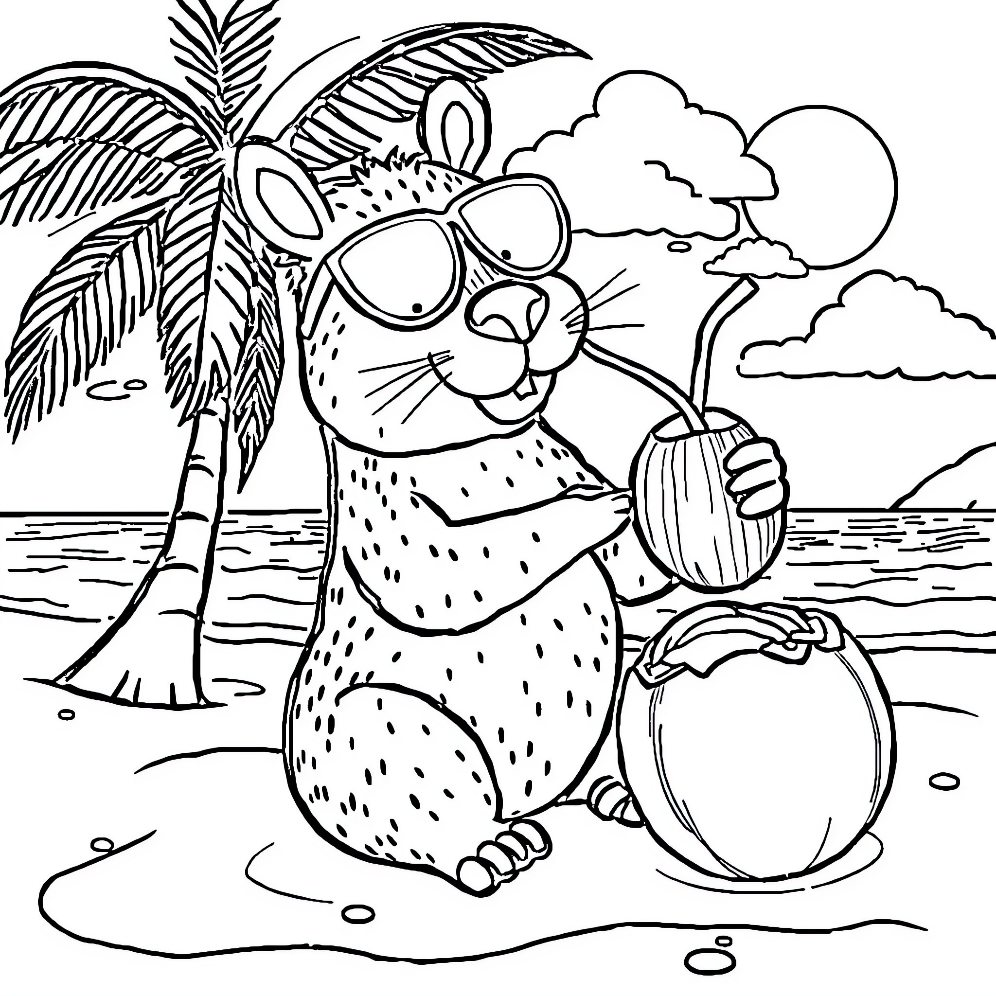 Capybara relaxing on the beach with coconuts Coloring Page (free black-and-white line drawing printable PDF for all, from beginners to advanced learners, including children, teens, adults, and seniors)