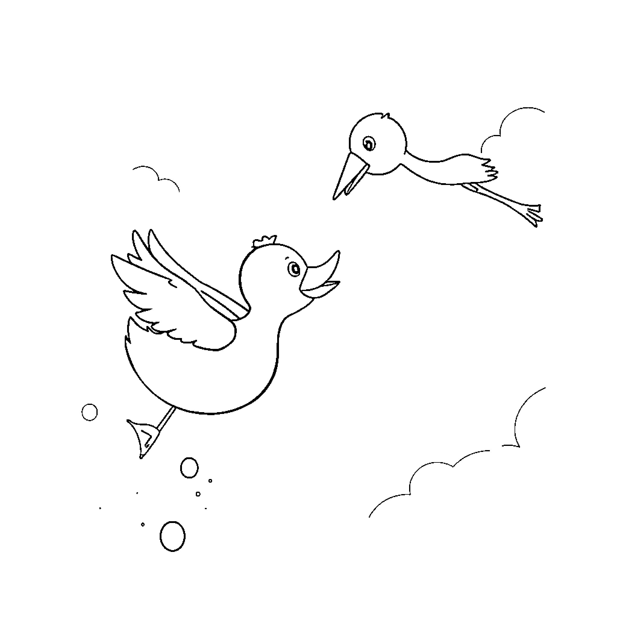 Rubber Ducky Playing Happily in the Air Coloring Page (free black-and-white line drawing printable PDF for all, from beginners to advanced learners, including children, teens, adults, and seniors)