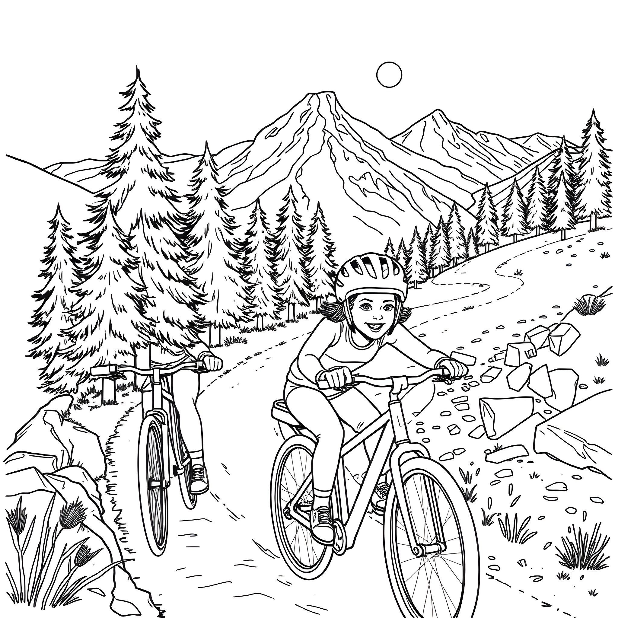 Sister cycling through a scenic mountain landscape Coloring Page (free black-and-white line drawing printable PDF for all, from beginners to advanced learners, including children, teens, adults, and seniors)