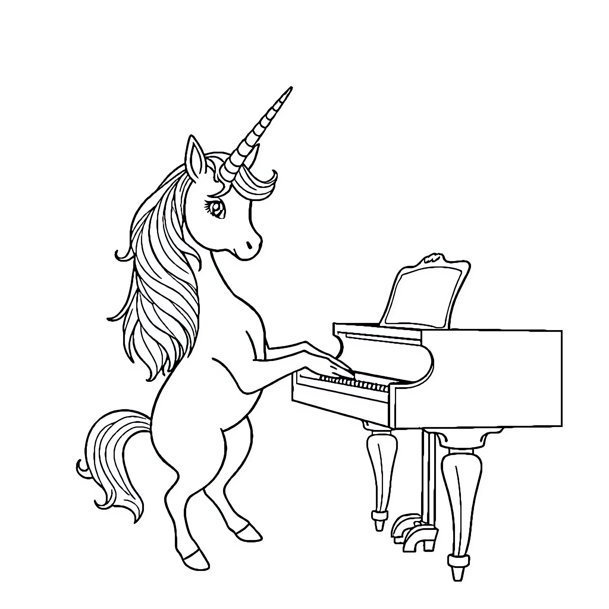 Unicorn playing whimsical melody on the piano Coloring Page (free black-and-white line drawing printable PDF for all, from beginners to advanced learners, including children, teens, adults, and seniors)