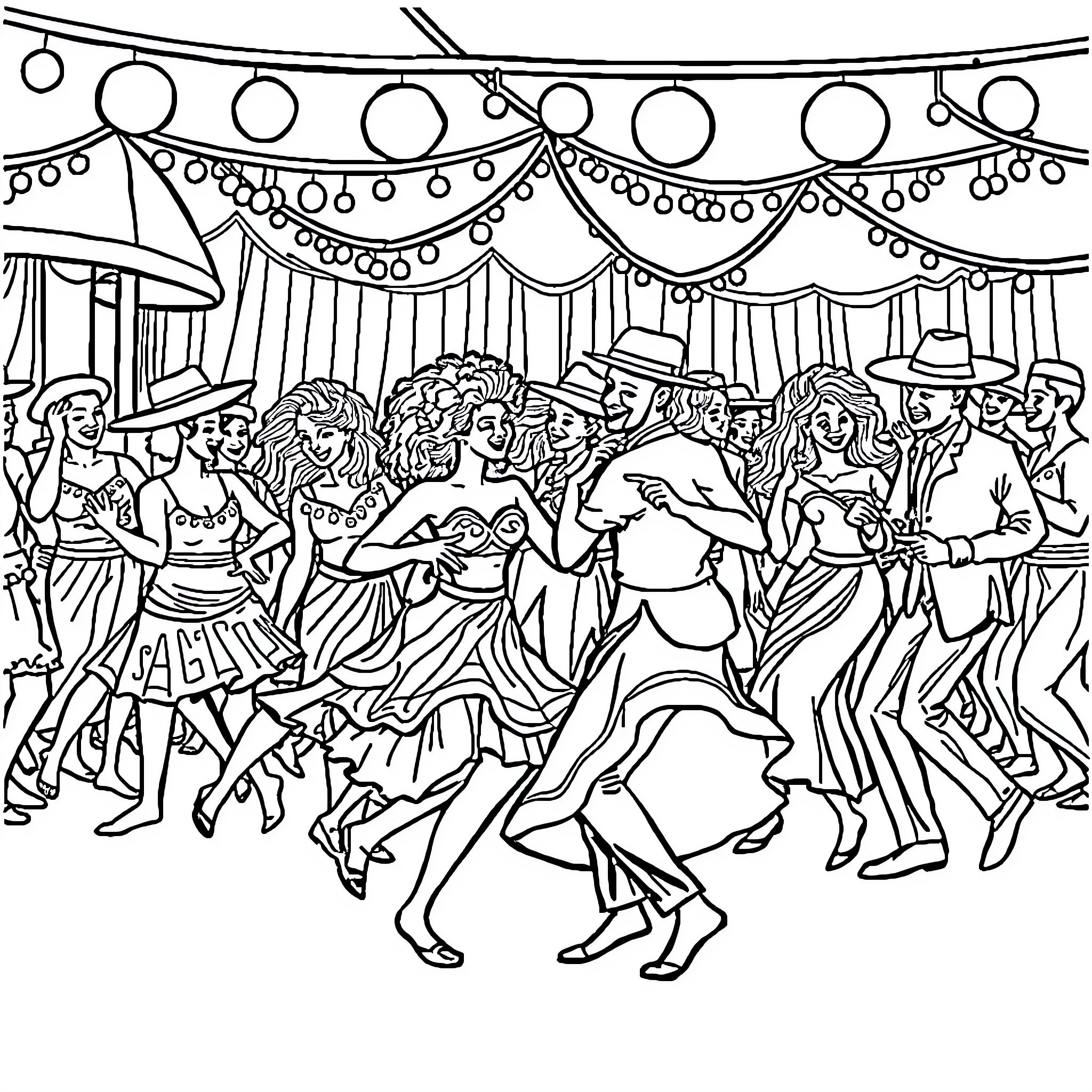 Boumba's Lively Party with Dancing Revelers Coloring Page (free black-and-white line drawing printable PDF for all, from beginners to advanced learners, including children, teens, adults, and seniors)