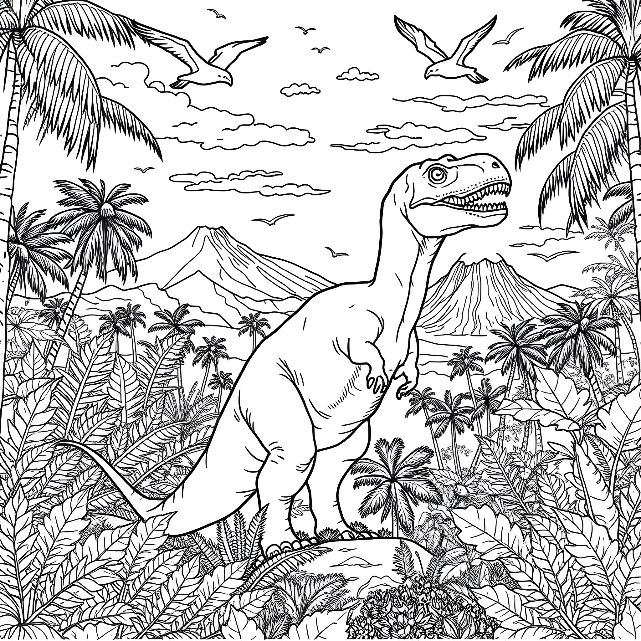 Dinosaur exploring the prehistoric landscape Coloring Page (free black-and-white line drawing printable PDF for all, from beginners to advanced learners, including children, teens, adults, and seniors)