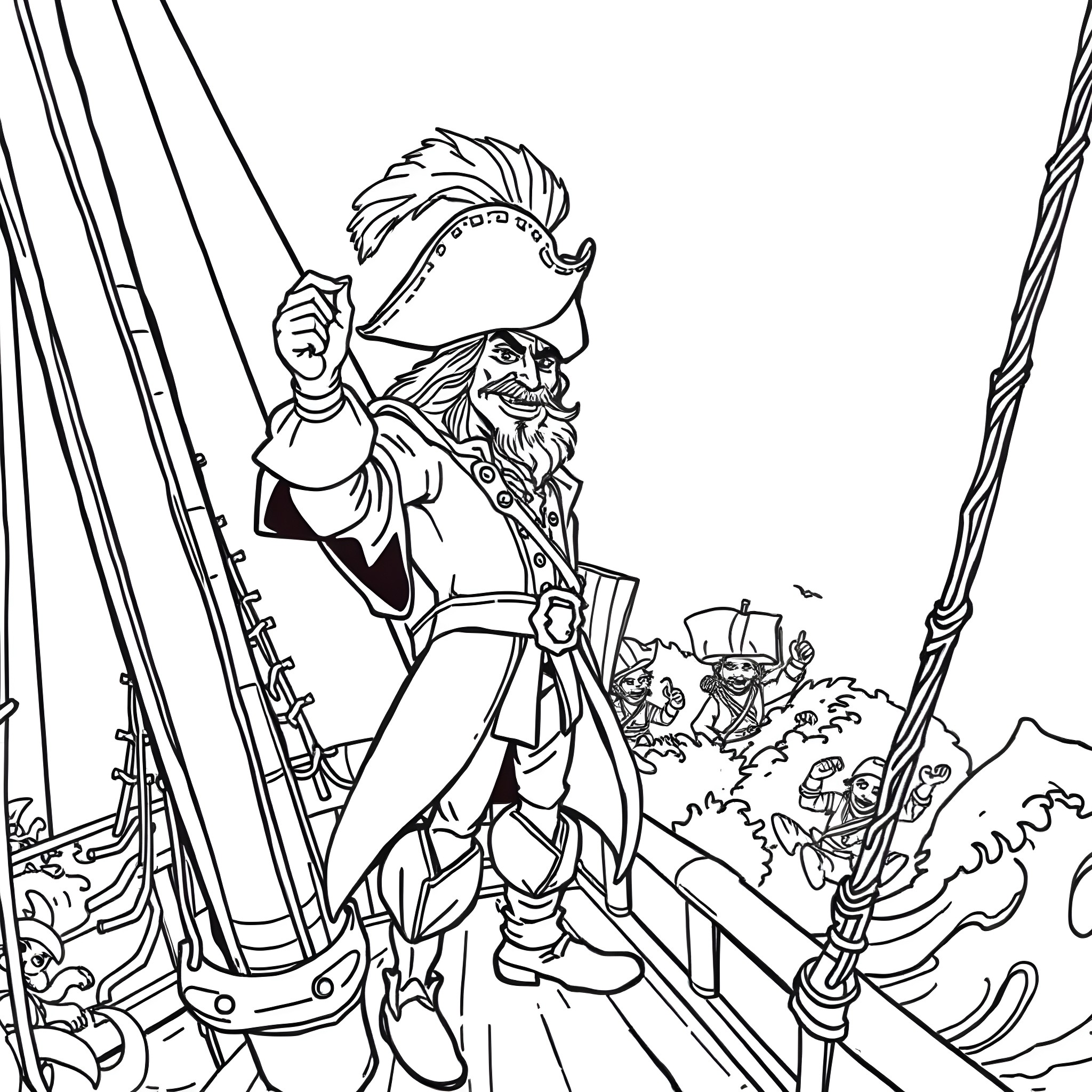 Captain Hook Commanding Pirate Ship with Crew Coloring Page (free black-and-white line drawing printable PDF for all, from beginners to advanced learners, including children, teens, adults, and seniors)