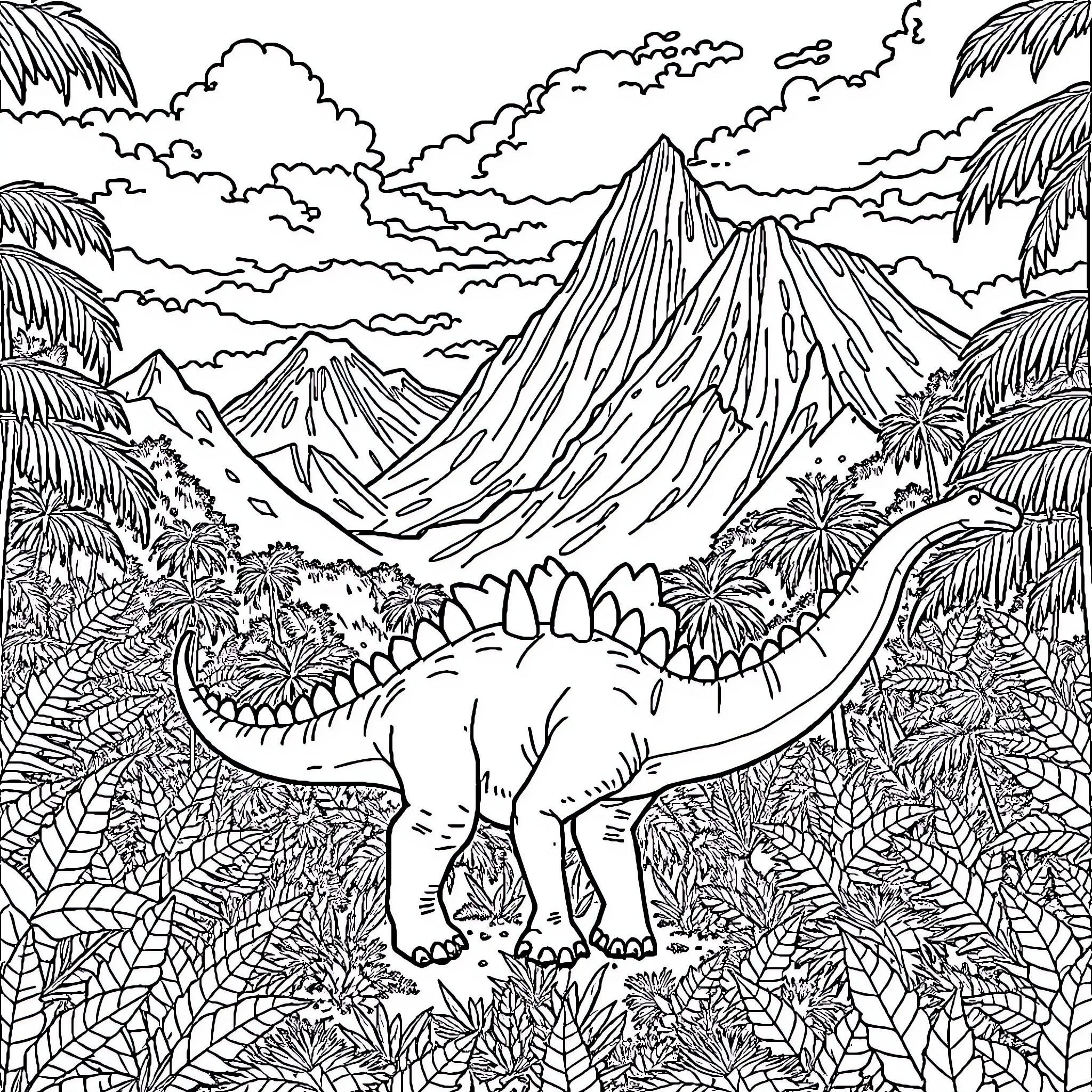 Dinosaur exploring lush prehistoric landscape Coloring Page (free black-and-white line drawing printable PDF for all, from beginners to advanced learners, including children, teens, adults, and seniors)