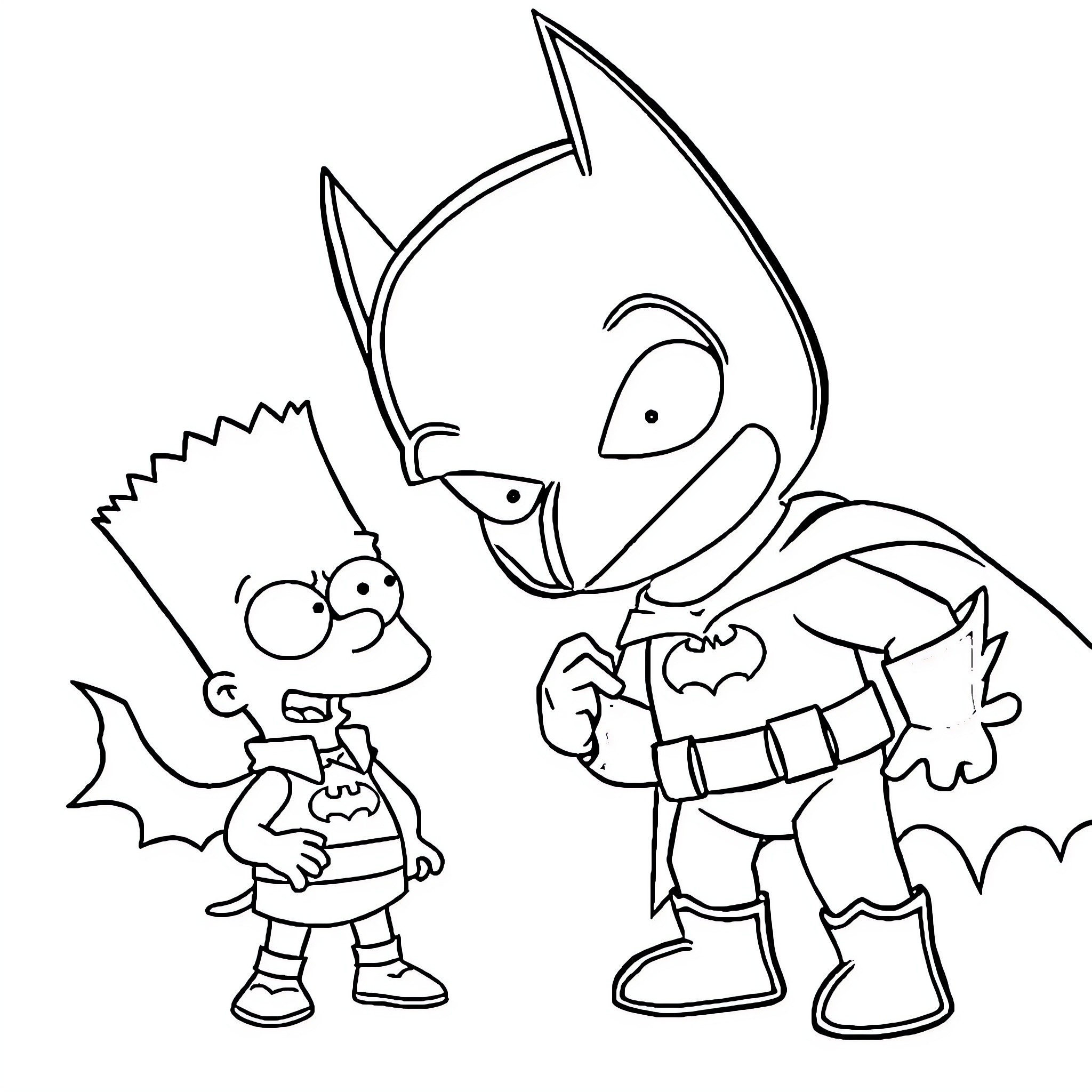 Bart Simpson and Batman interact playfully Coloring Page (free black-and-white line drawing printable PDF for all, from beginners to advanced learners, including children, teens, adults, and seniors)