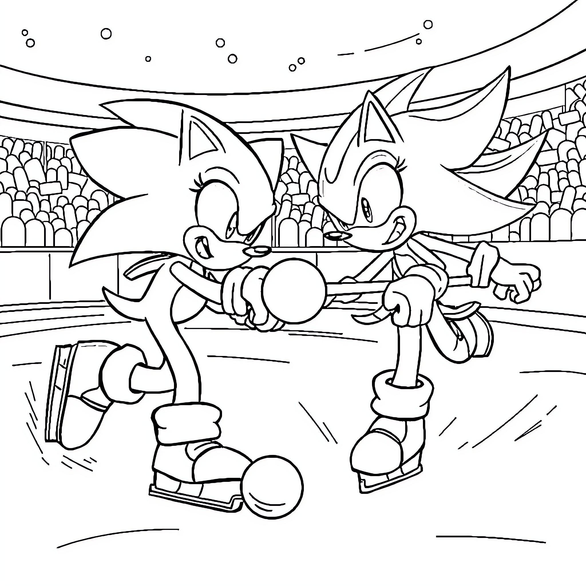 Sonic and friend racing on ice rink Coloring Page (free black-and-white line drawing printable PDF for all, from beginners to advanced learners, including children, teens, adults, and seniors)