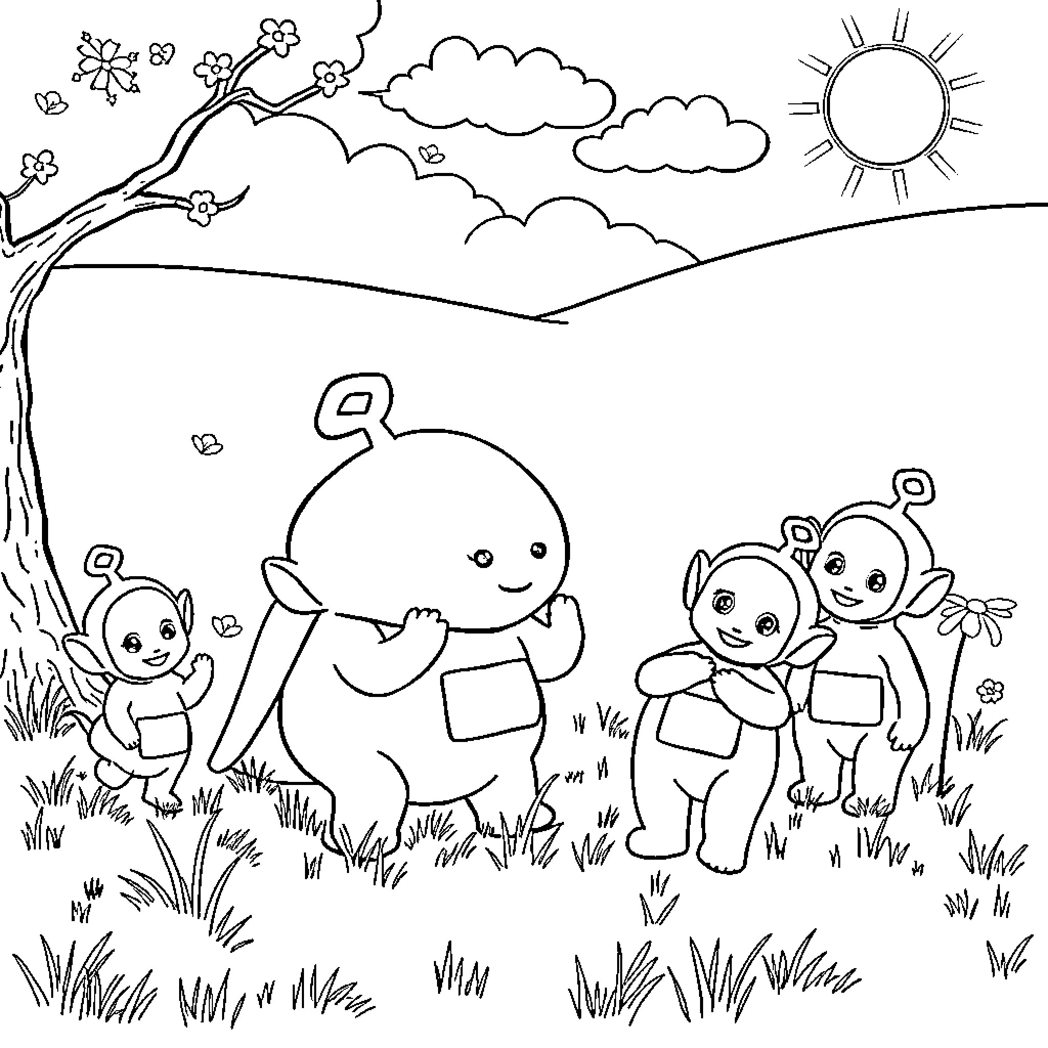 Teletubbies playing in the sunny meadow Coloring Page (free black-and-white line drawing printable PDF for all, from beginners to advanced learners, including children, teens, adults, and seniors)