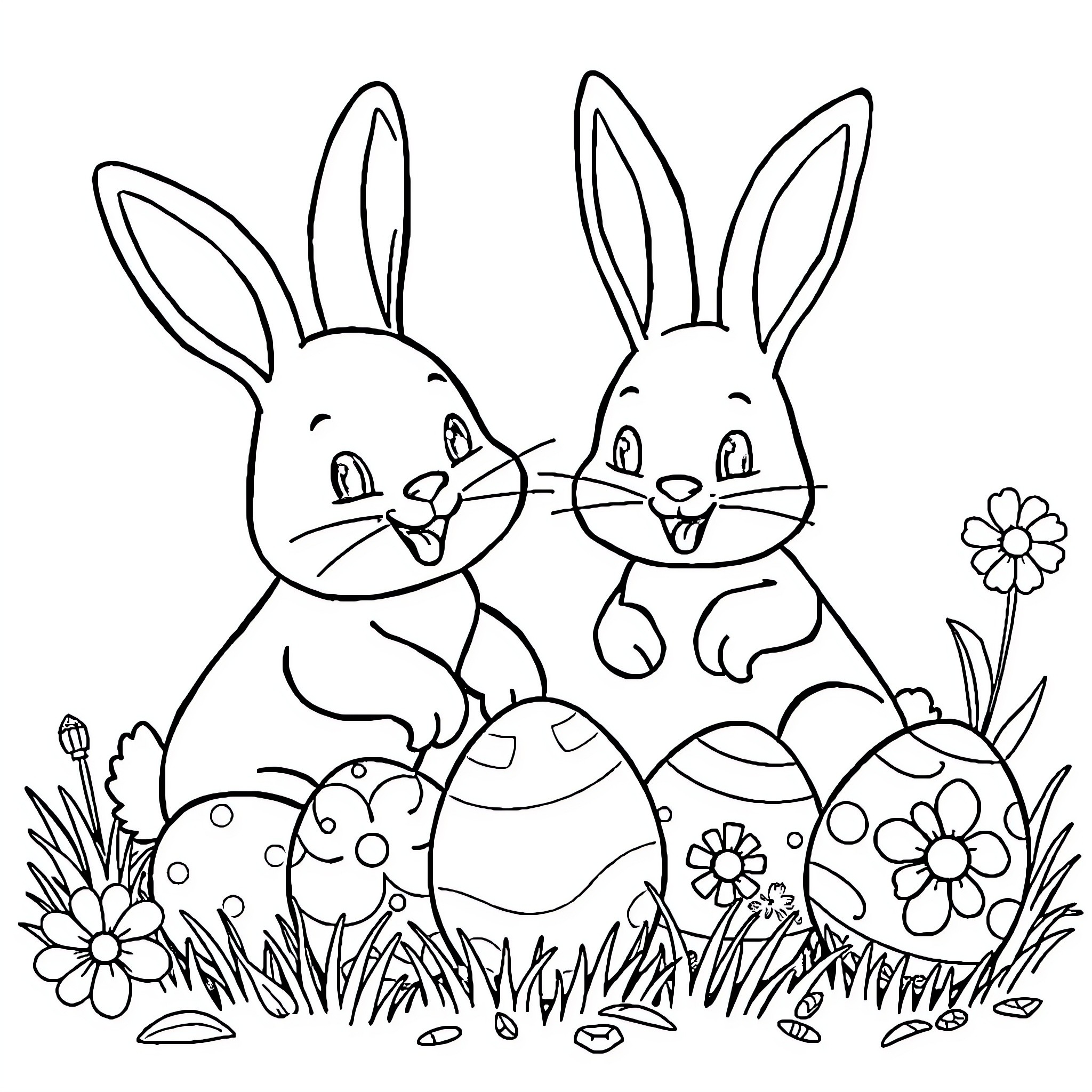 Easter Bunnies Frolicking in Floral Field Coloring Page (free black-and-white line drawing printable PDF for all, from beginners to advanced learners, including children, teens, adults, and seniors)
