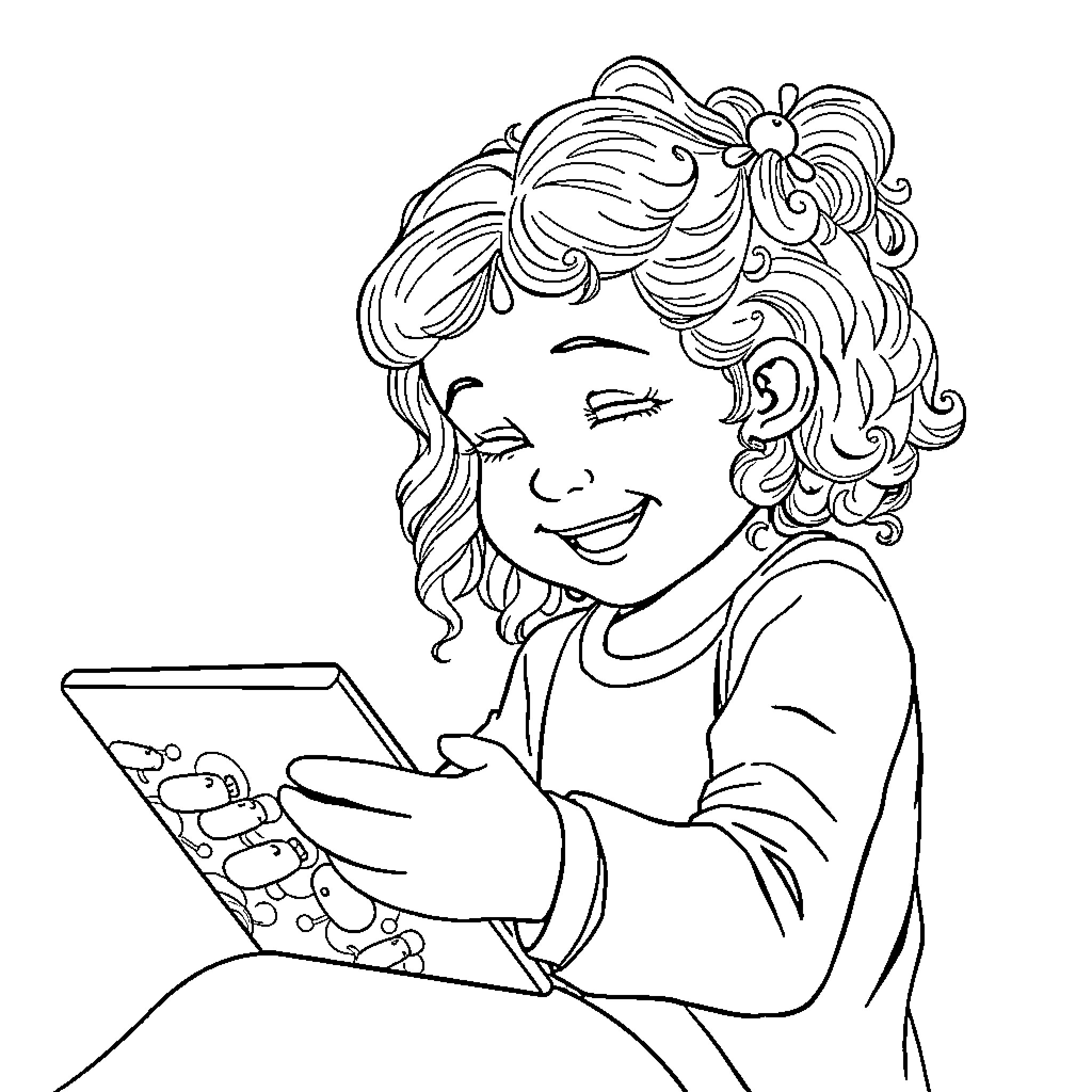 Girl reading a book with delight Coloring Page (free black-and-white line drawing printable PDF for all, from beginners to advanced learners, including children, teens, adults, and seniors)