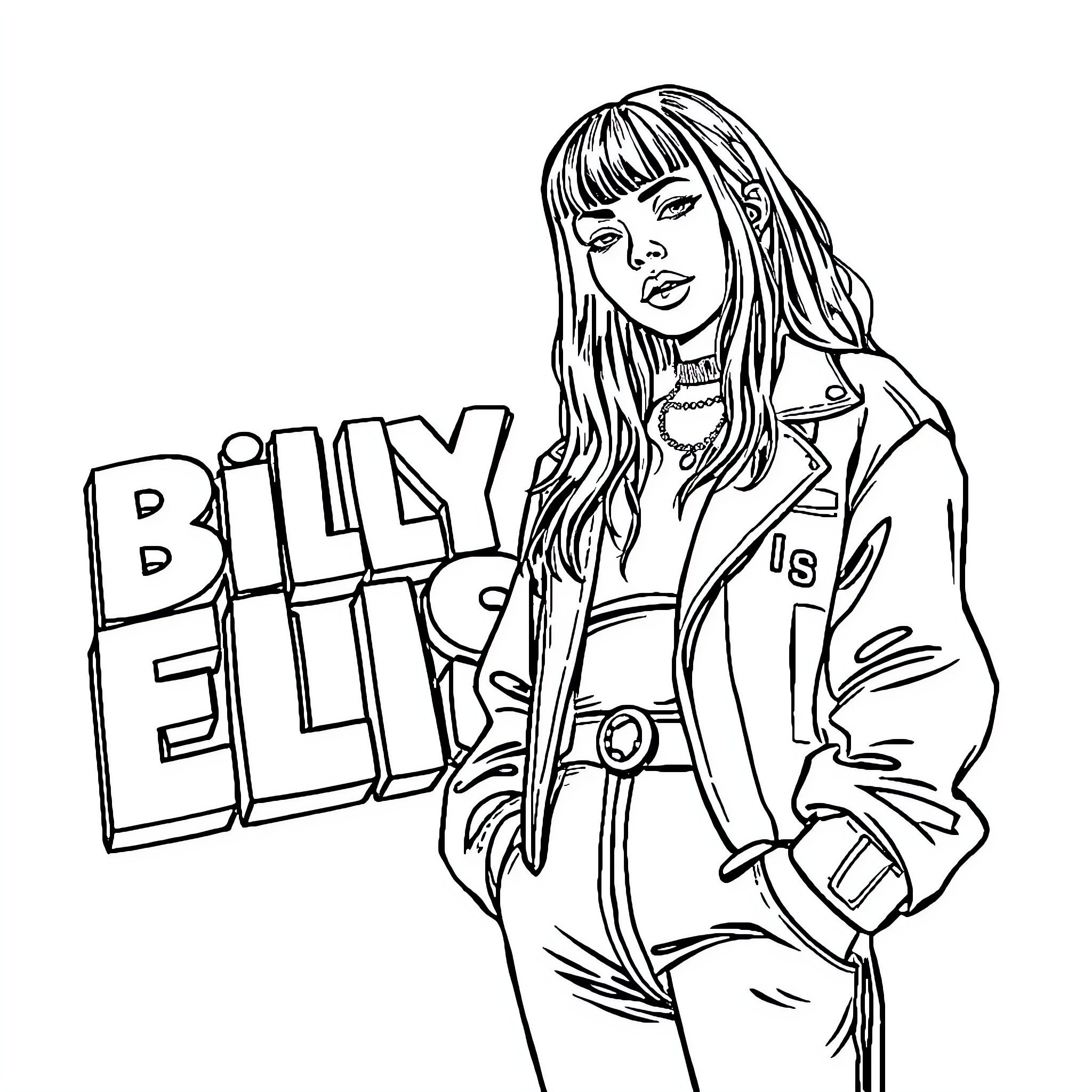 Billie Eilish in casual outfit posing confidently Coloring Page (free black-and-white line drawing printable PDF for all, from beginners to advanced learners, including children, teens, adults, and seniors)