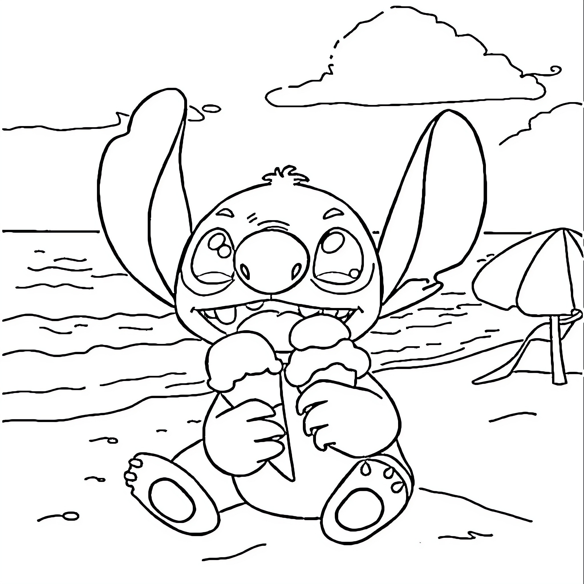 Stitch playing happily on the beach Coloring Page (free black-and-white line drawing printable PDF for all, from beginners to advanced learners, including children, teens, adults, and seniors)