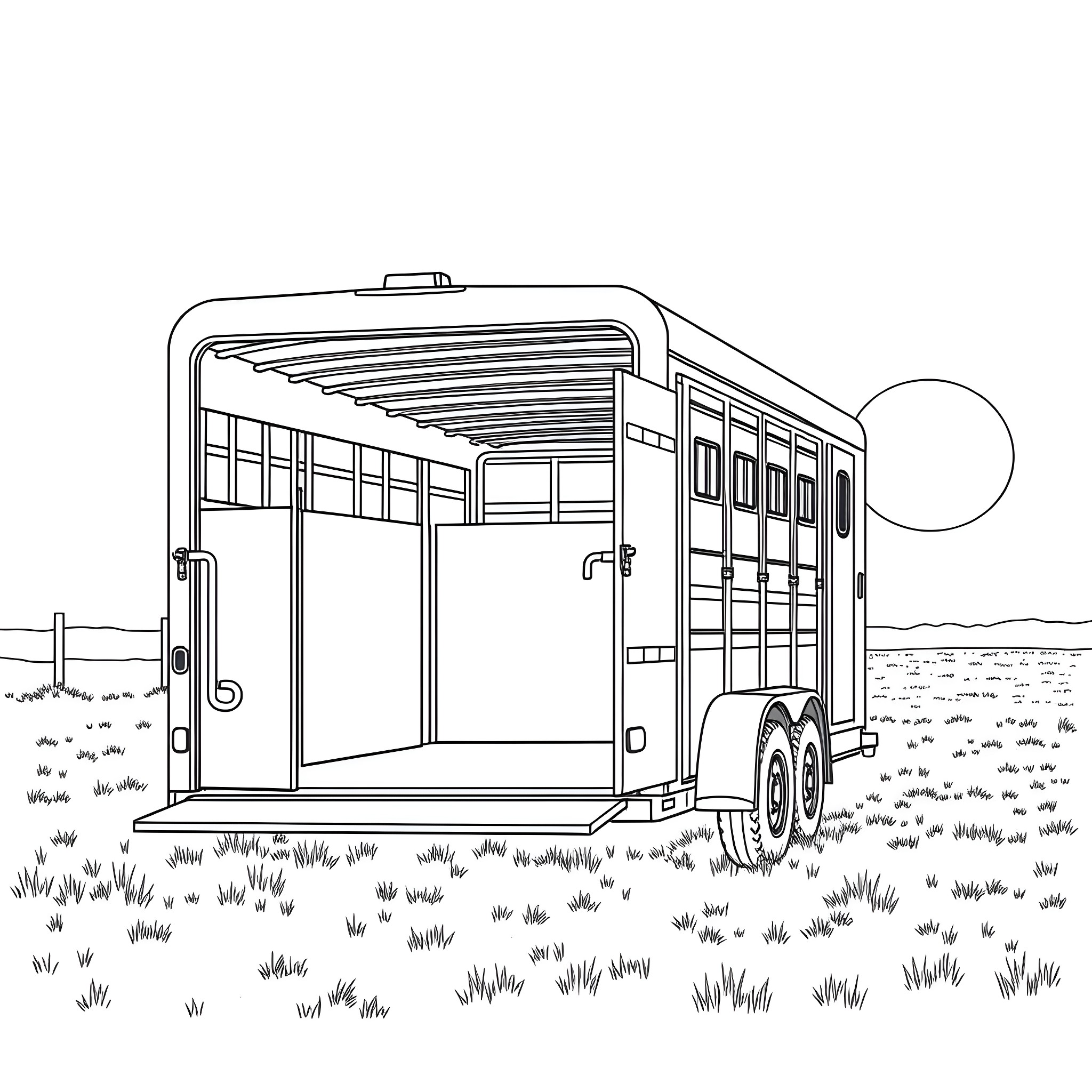 Gooseneck Trailer in the Countryside Coloring Page (free black-and-white line drawing printable PDF for all, from beginners to advanced learners, including children, teens, adults, and seniors)