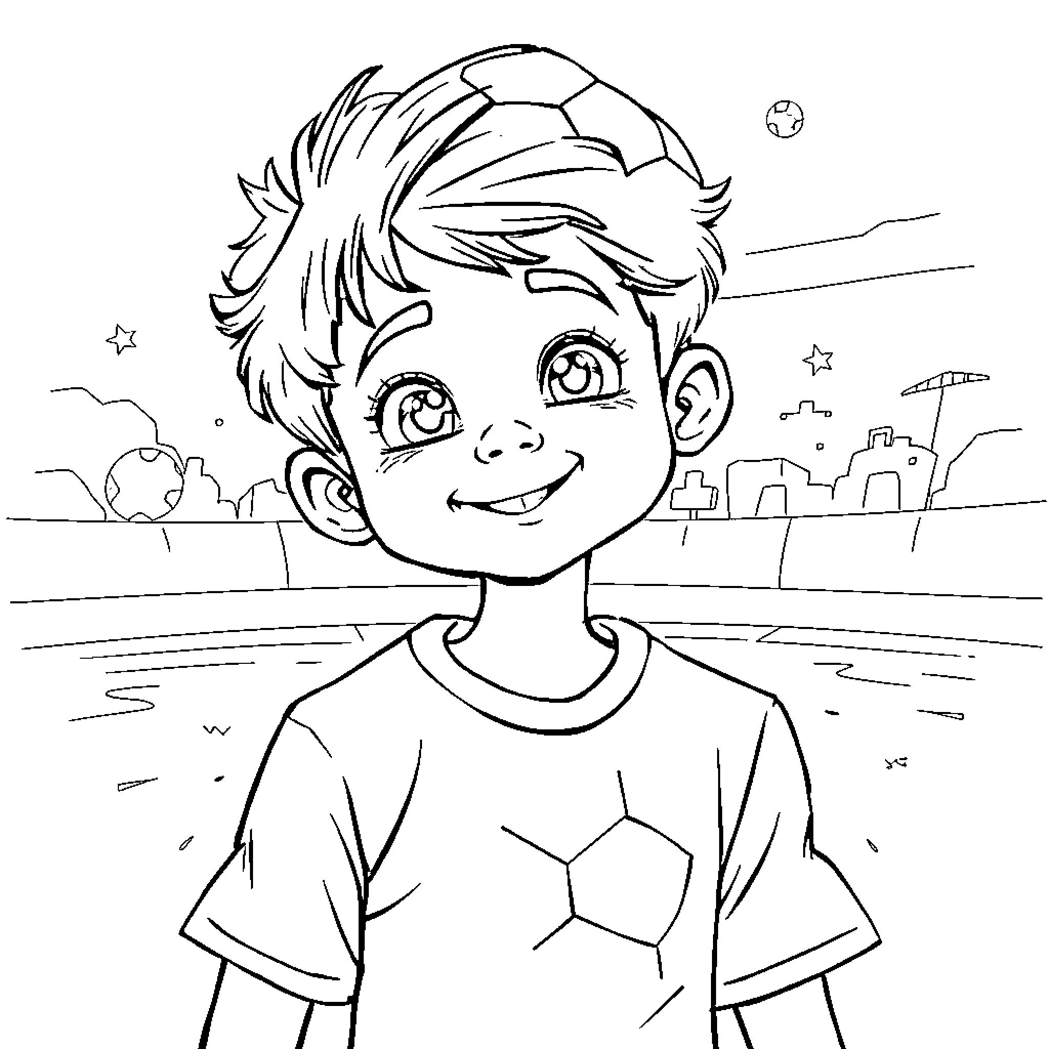 Boy playing with soccer ball in the park Coloring Page (free black-and-white line drawing printable PDF for all, from beginners to advanced learners, including children, teens, adults, and seniors)