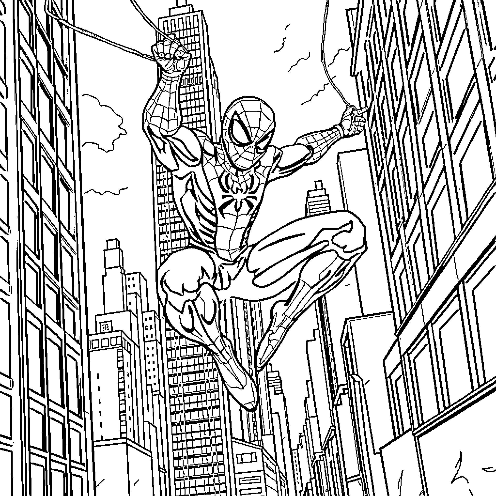 Spiderman swinging through the city skyline Coloring Page (free black-and-white line drawing printable PDF for all, from beginners to advanced learners, including children, teens, adults, and seniors)