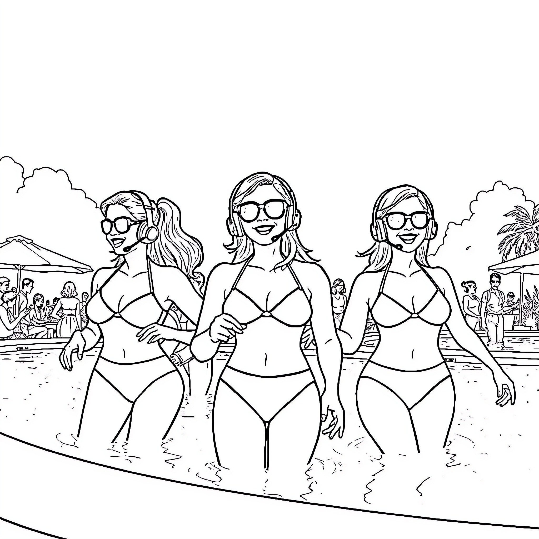 Call Center Worker Enjoying Beach Vacation with Friends Coloring Page (free black-and-white line drawing printable PDF for all, from beginners to advanced learners, including children, teens, adults, and seniors)