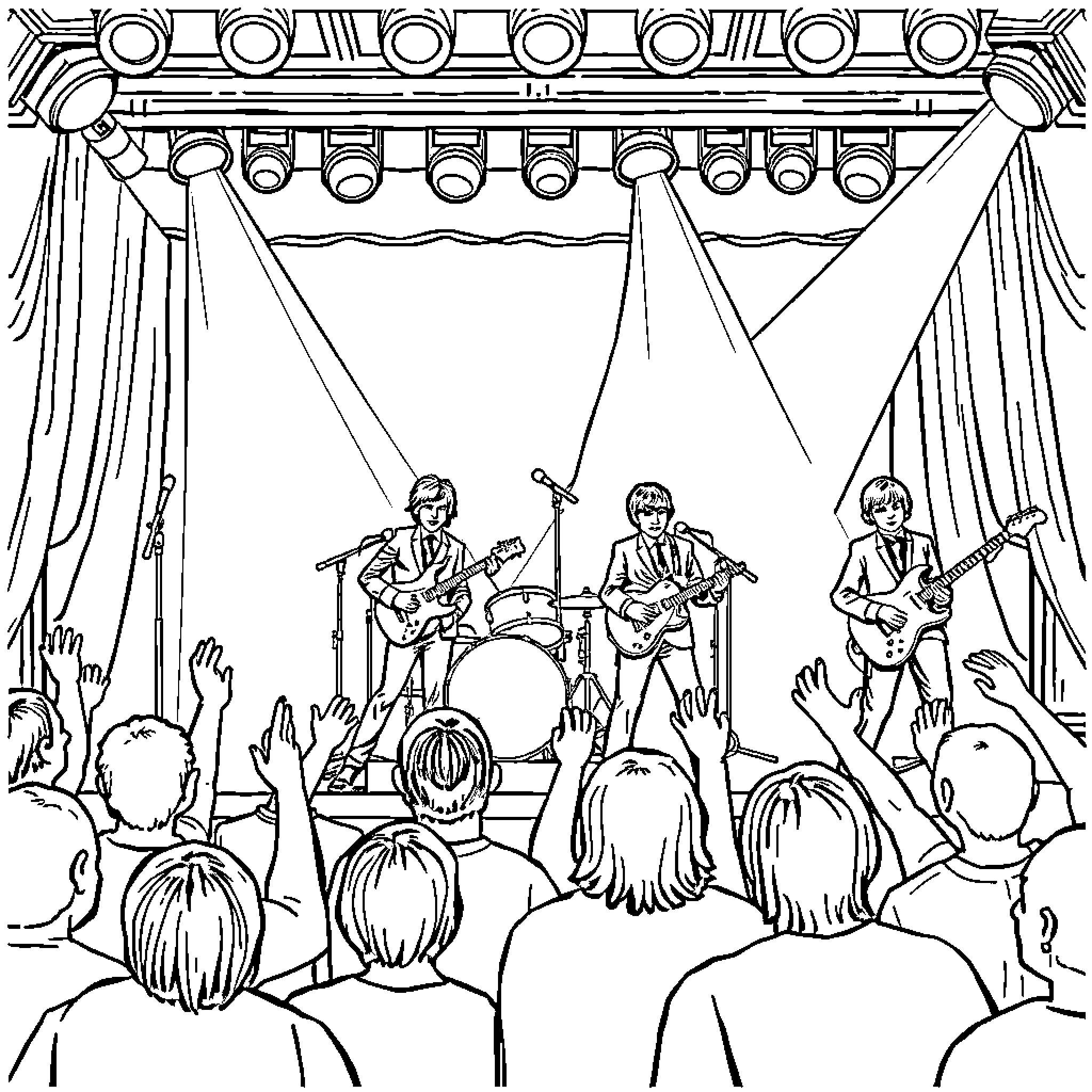 Beatles performing on stage with audience Coloring Page (free black-and-white line drawing printable PDF for all, from beginners to advanced learners, including children, teens, adults, and seniors)