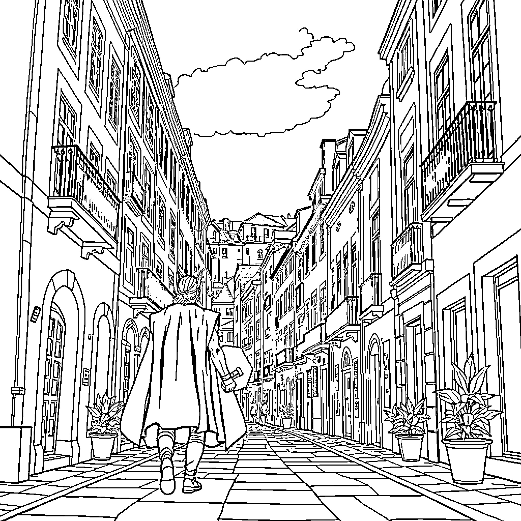 Thor walking through a quaint European town Coloring Page (free black-and-white line drawing printable PDF for all, from beginners to advanced learners, including children, teens, adults, and seniors)