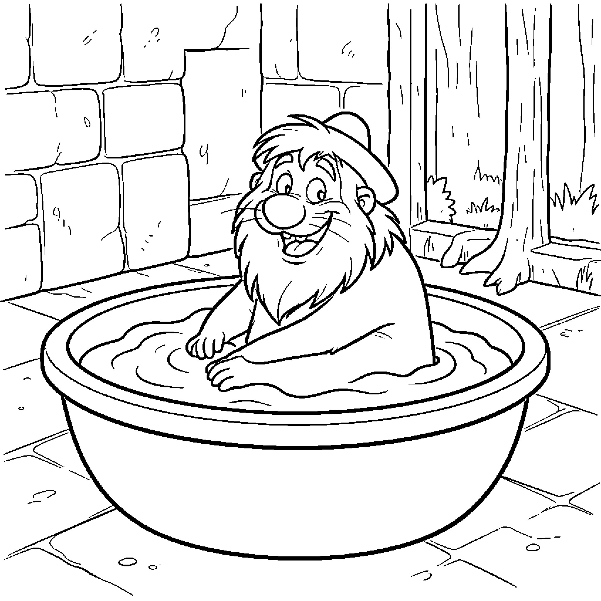 Gargamel sitting in a large tub with a smile Coloring Page (free black-and-white line drawing printable PDF for all, from beginners to advanced learners, including children, teens, adults, and seniors)