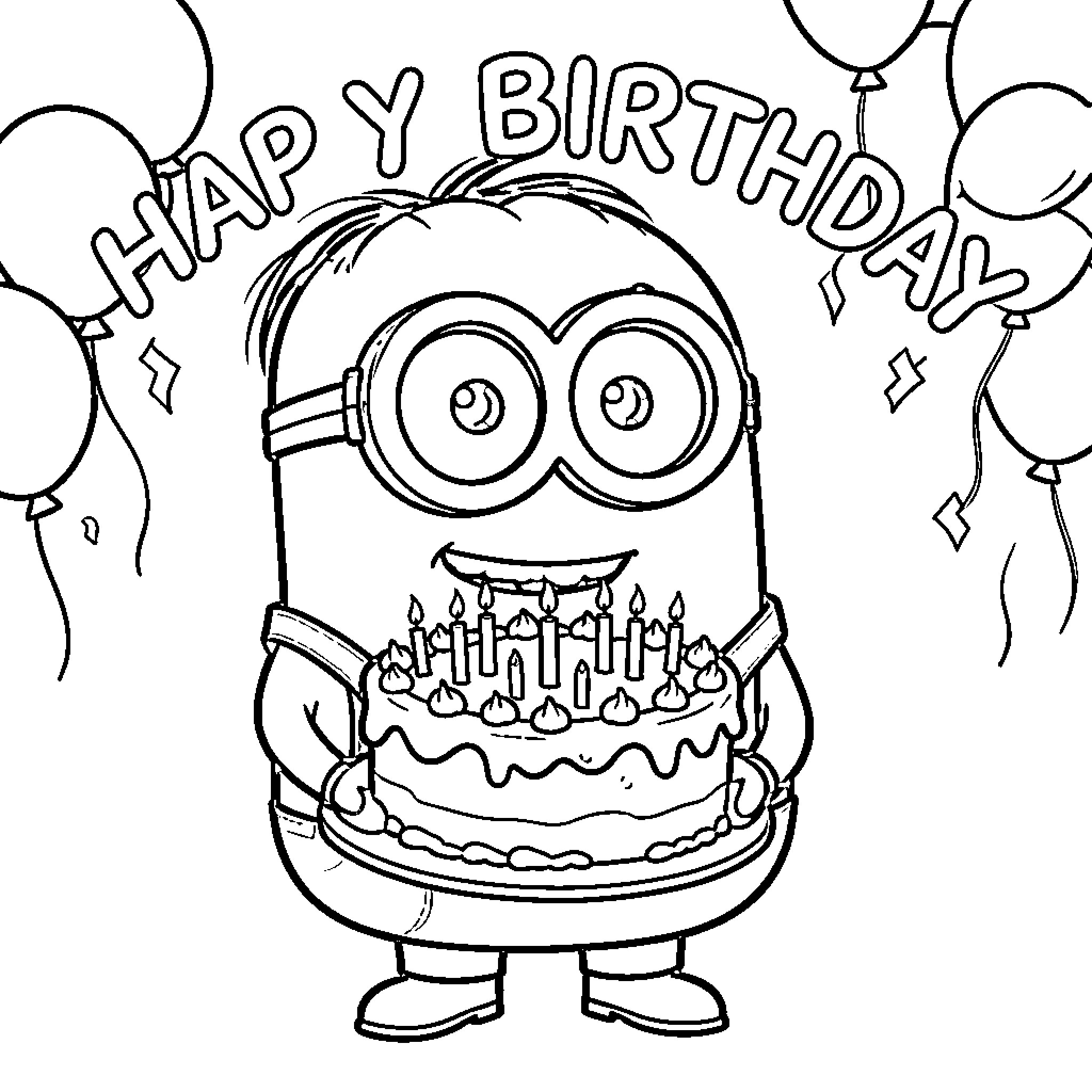 Minion celebrating a birthday with a cake and balloons Coloring Page (free black-and-white line drawing printable PDF for all, from beginners to advanced learners, including children, teens, adults, and seniors)