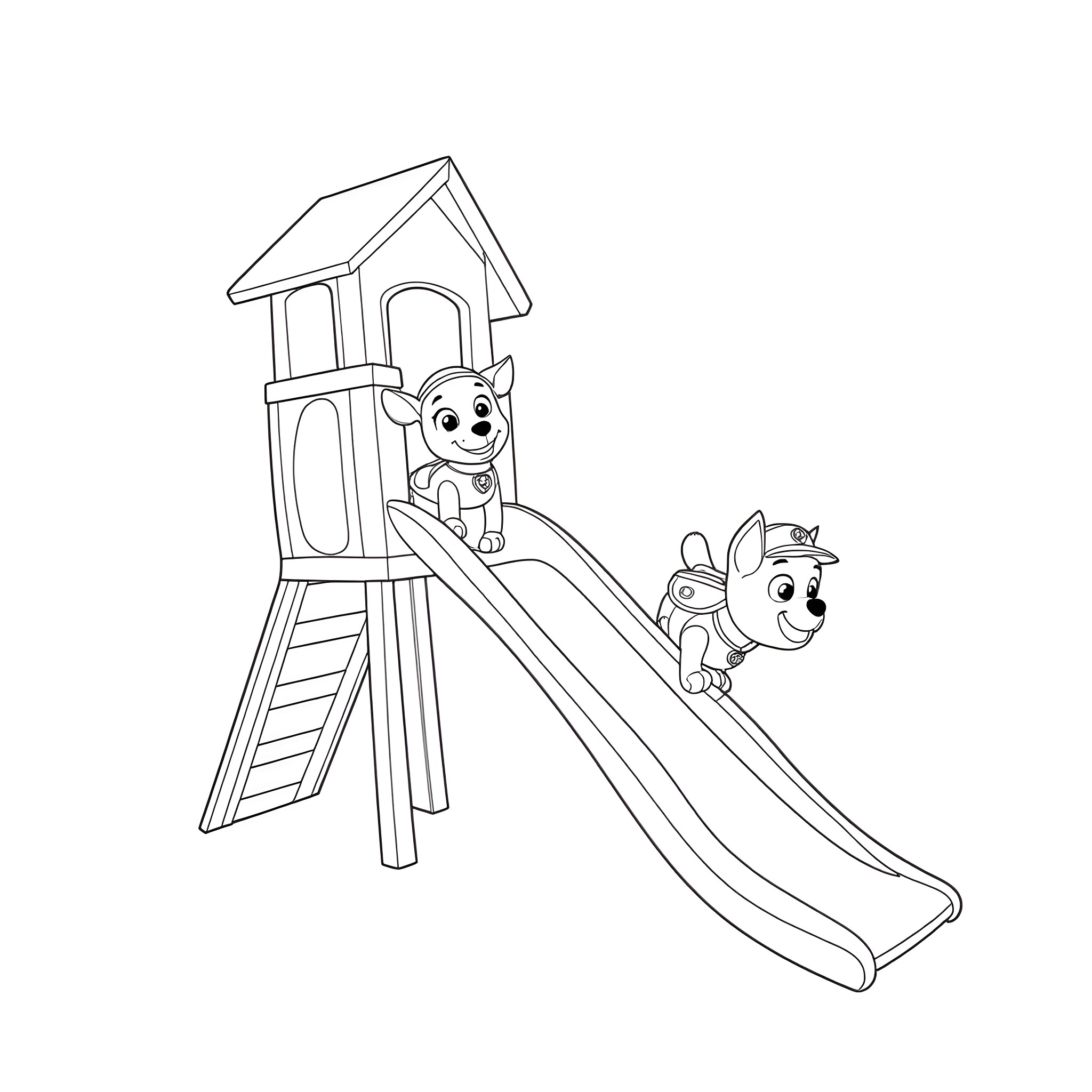 Paw Patrol pups playing on a slide Coloring Page (free black-and-white line drawing printable PDF for all, from beginners to advanced learners, including children, teens, adults, and seniors)