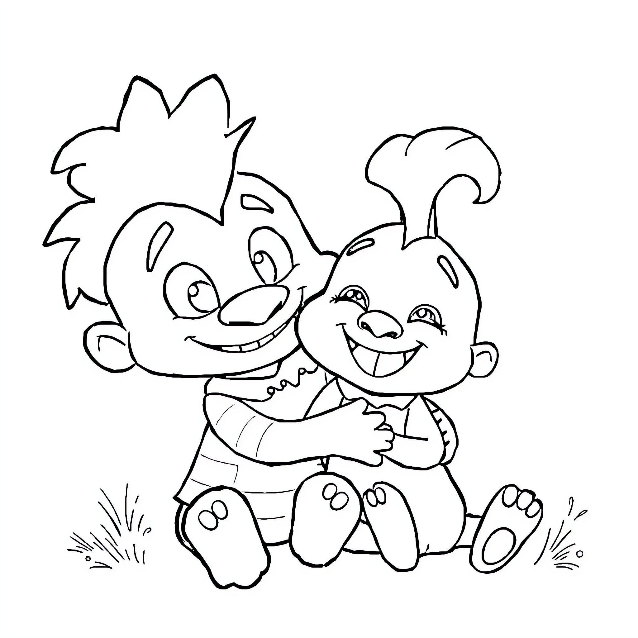 Blue Cartoon Characters Embracing Joyfully Coloring Page (free black-and-white line drawing printable PDF for all, from beginners to advanced learners, including children, teens, adults, and seniors)